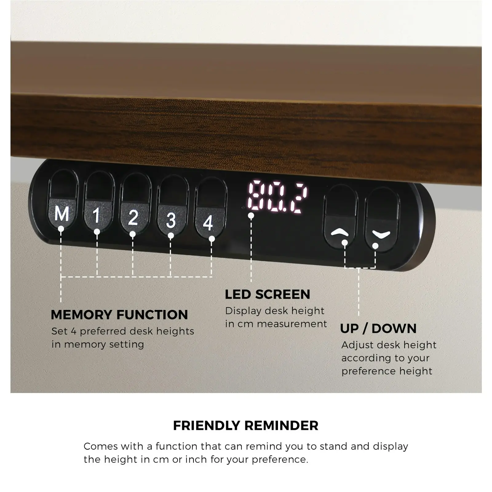 Oikiture 120CM Electric Standing Desk Single Motor White Frame Walnut Tabletop