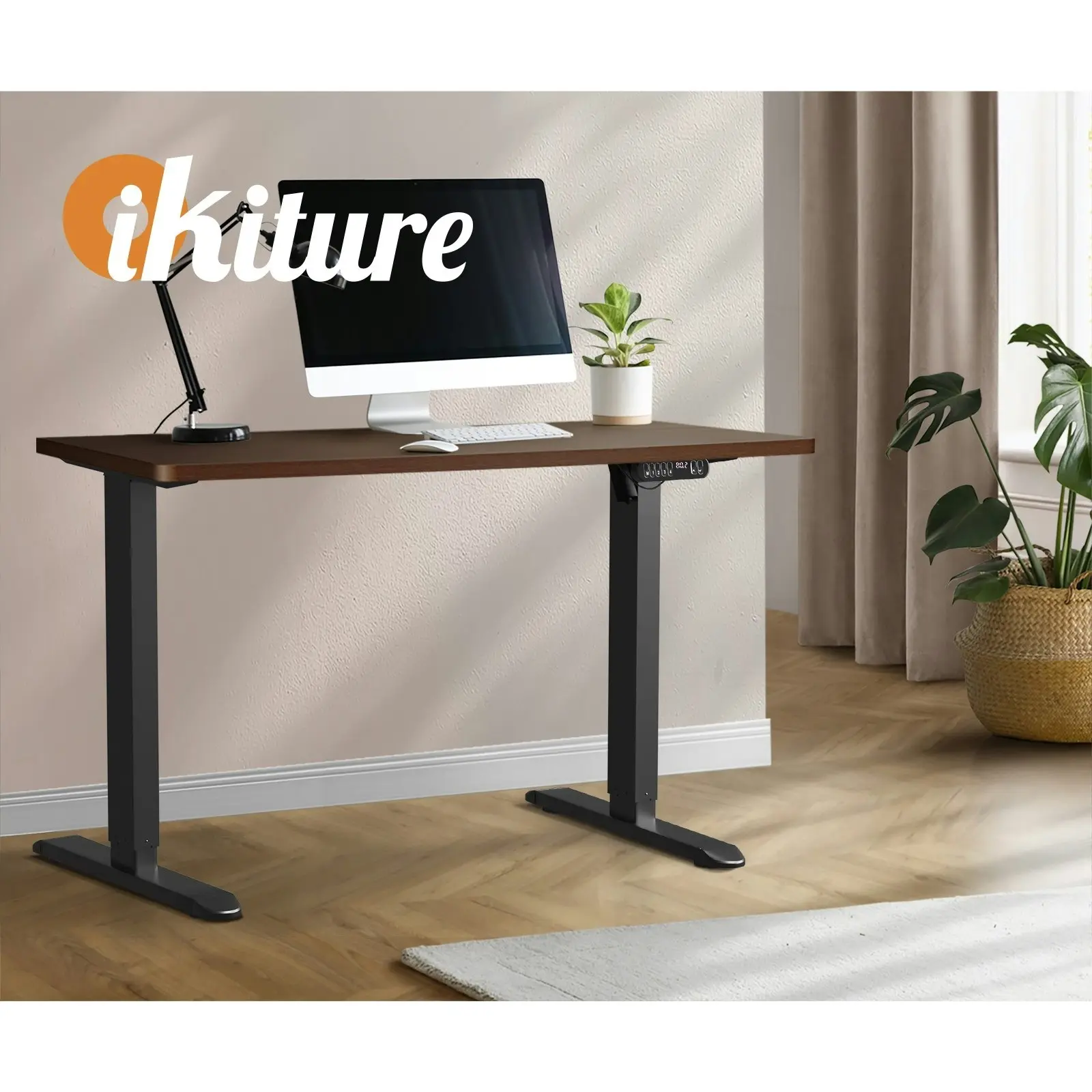 Oikiture 120CM Electric Standing Desk Single Motor Black Frame Walnut Tabletop