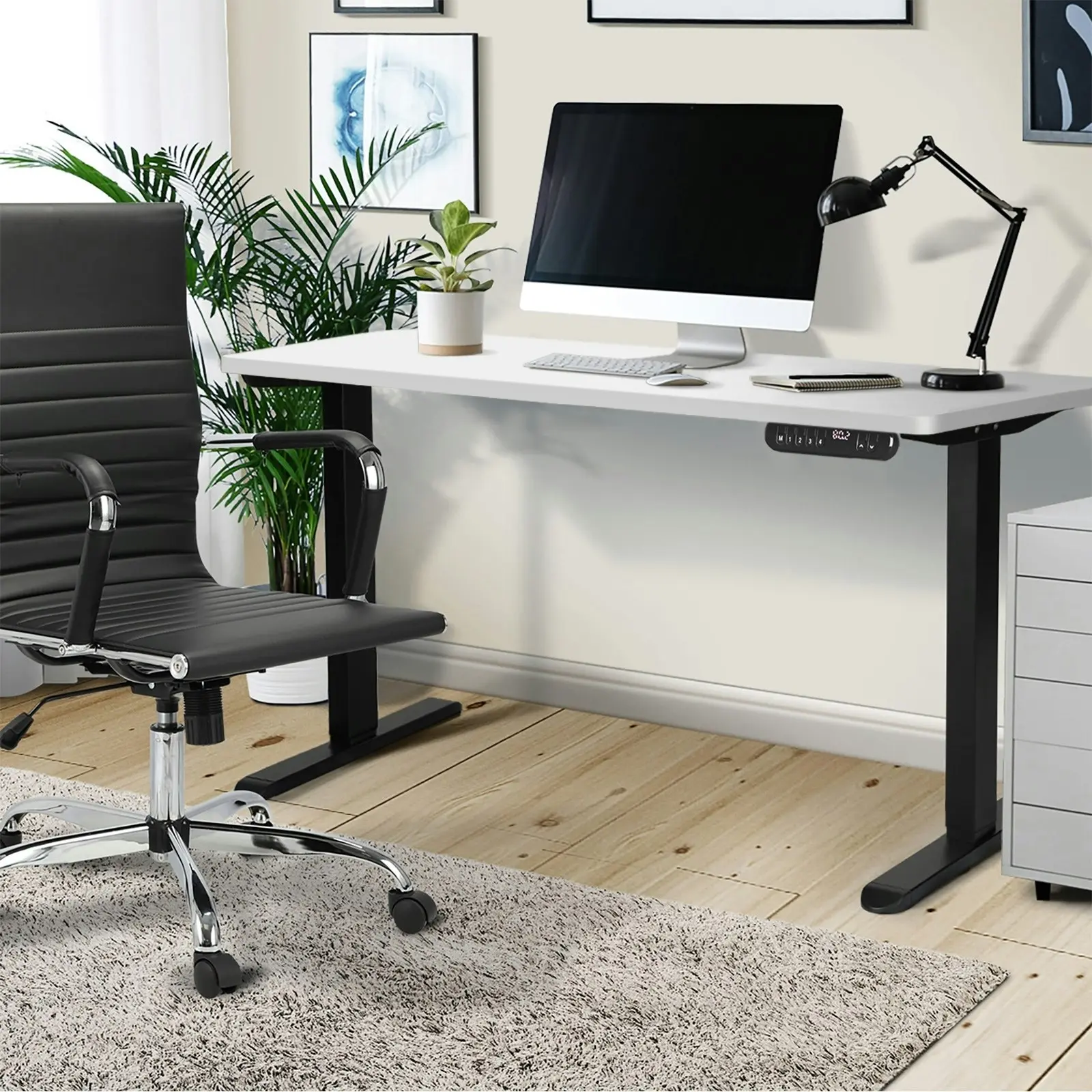 Oikiture 120CM Electric Standing Desk Single Motor Black Frame White Tabletop