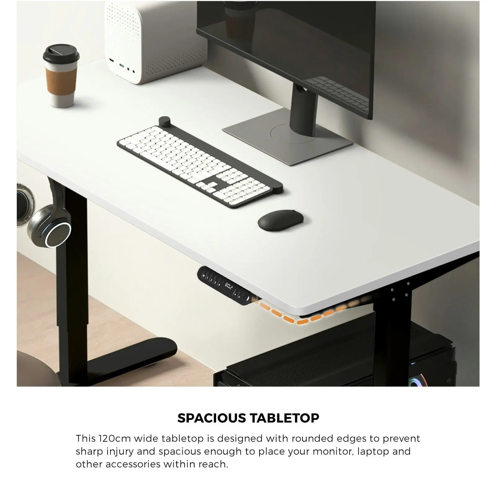 Oikiture 120CM Electric Standing Desk Single Motor Black Frame White Tabletop