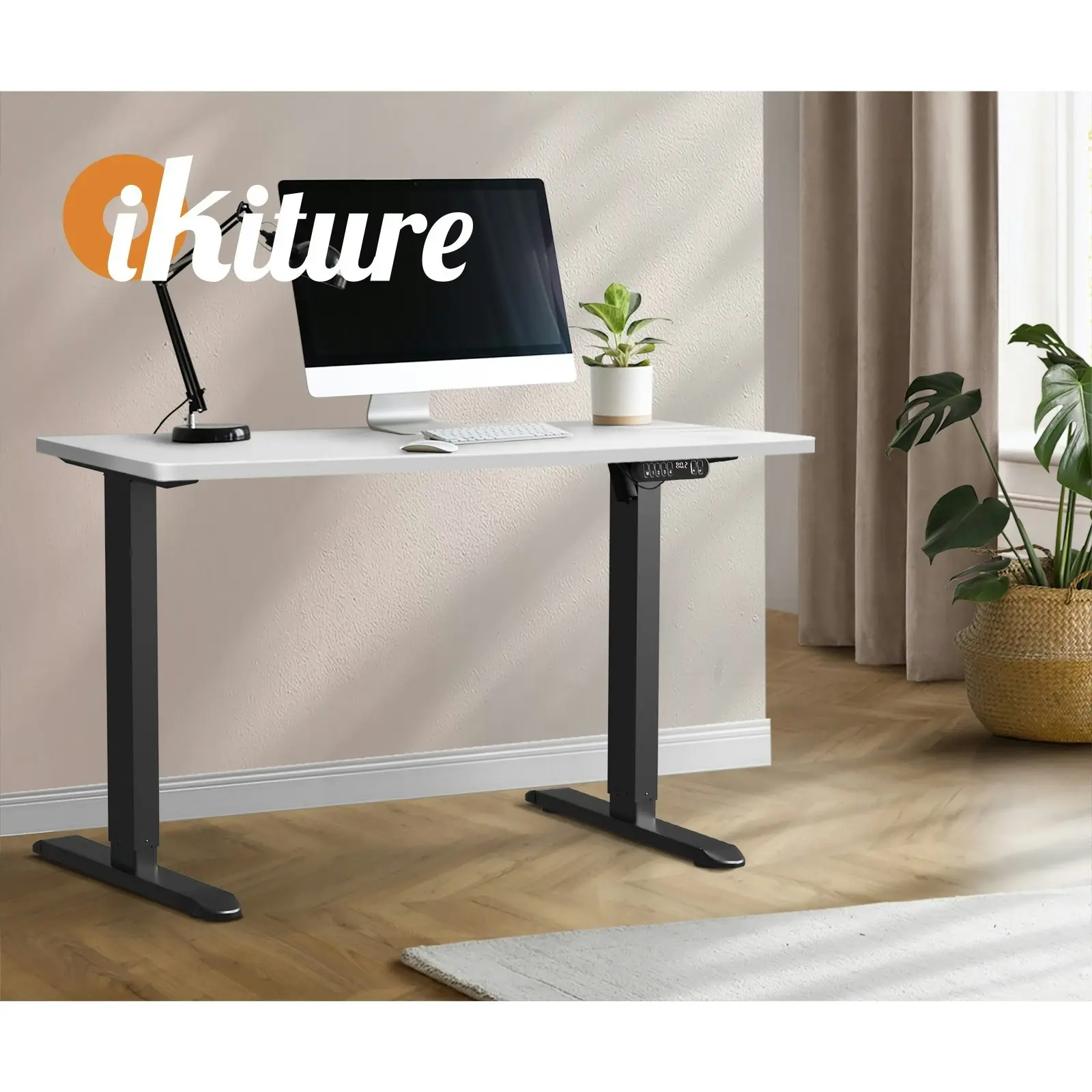 Oikiture 120CM Electric Standing Desk Single Motor Black Frame White Tabletop