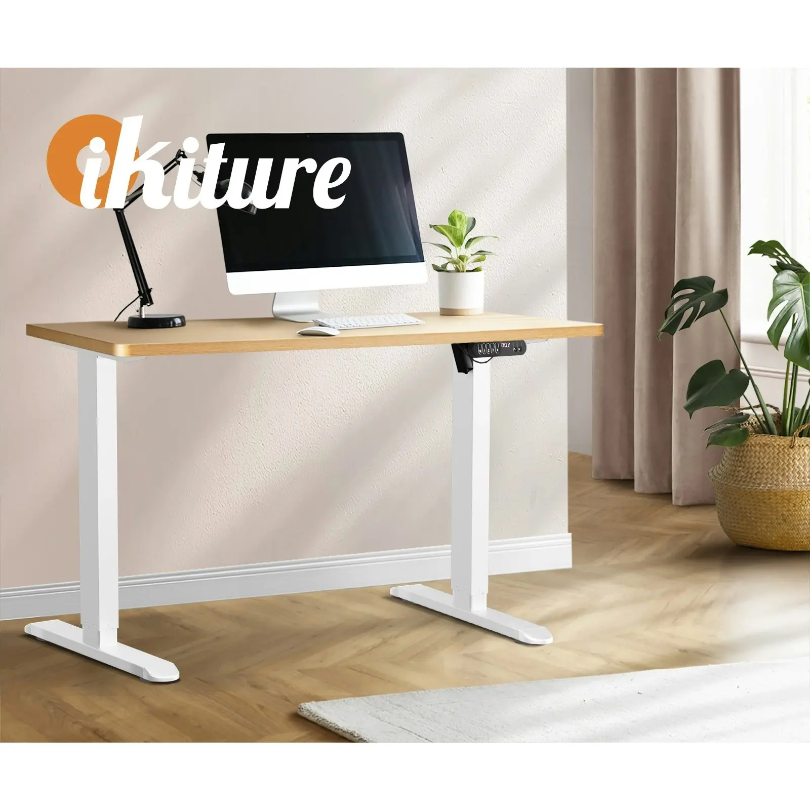 Oikiture 120CM Electric Standing Desk Single Motor White Frame OAK Tabletop