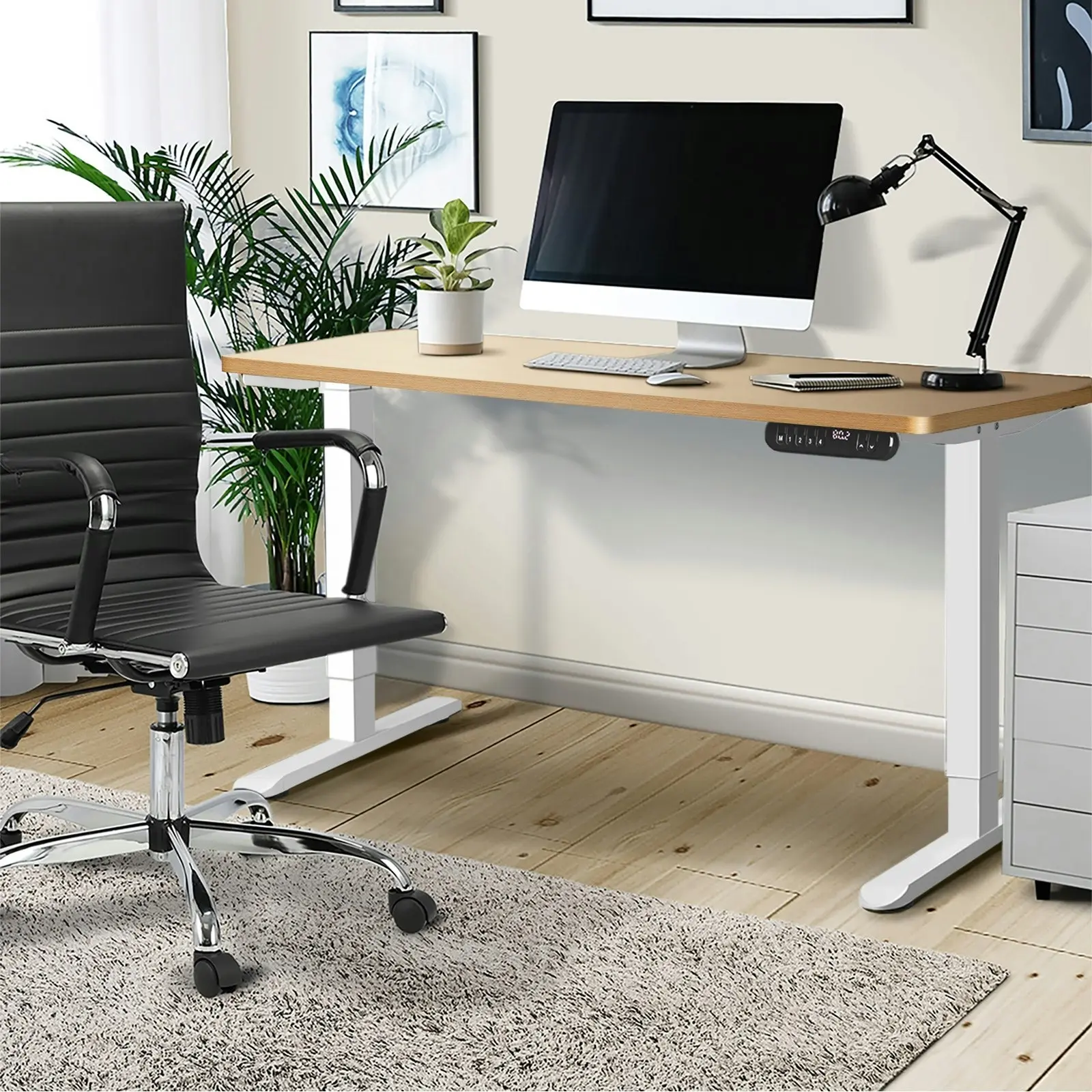 Oikiture 120CM Electric Standing Desk Single Motor White Frame OAK Tabletop