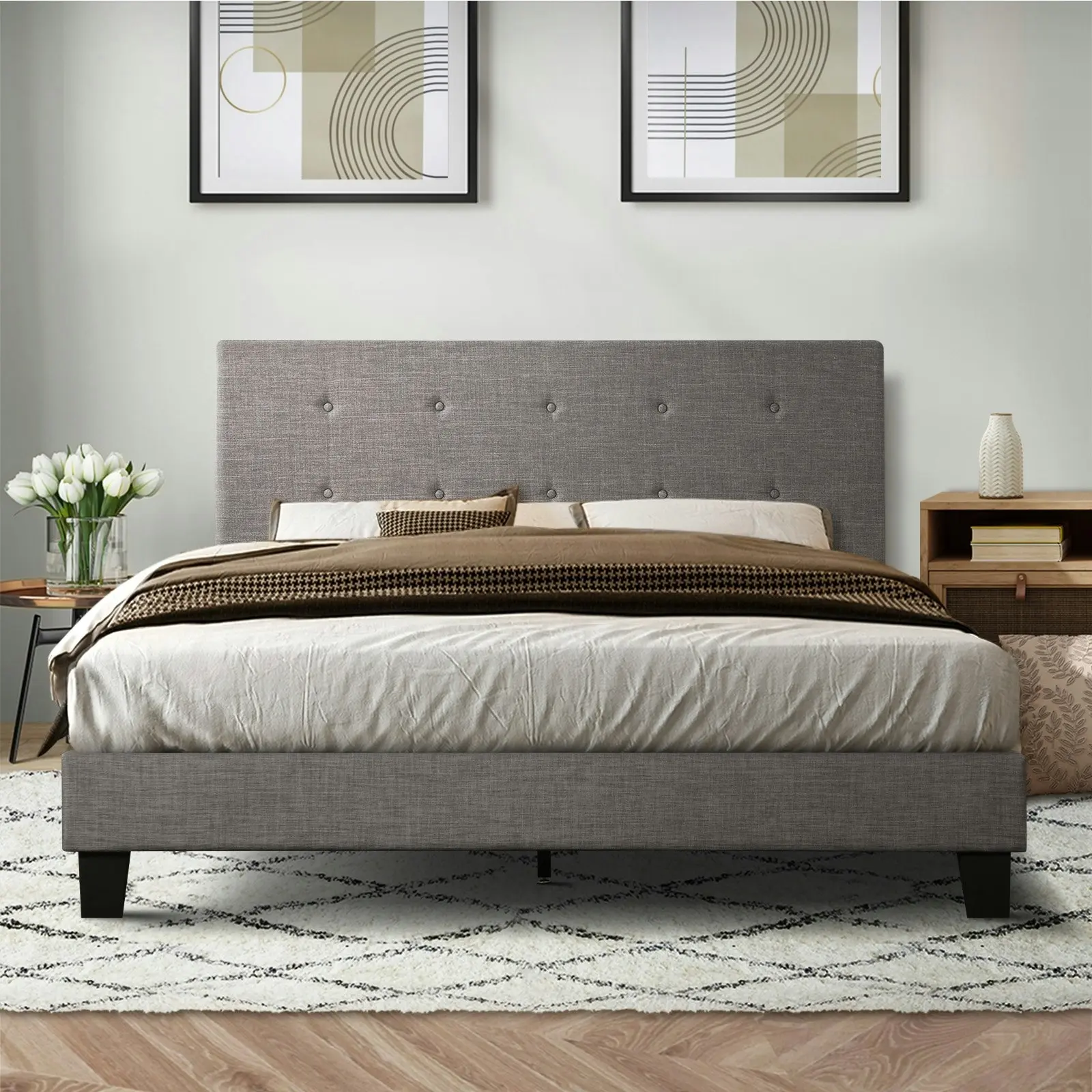 Oikiture Bed Frame Queen Size Bed Platform Wooden Fabric Grey