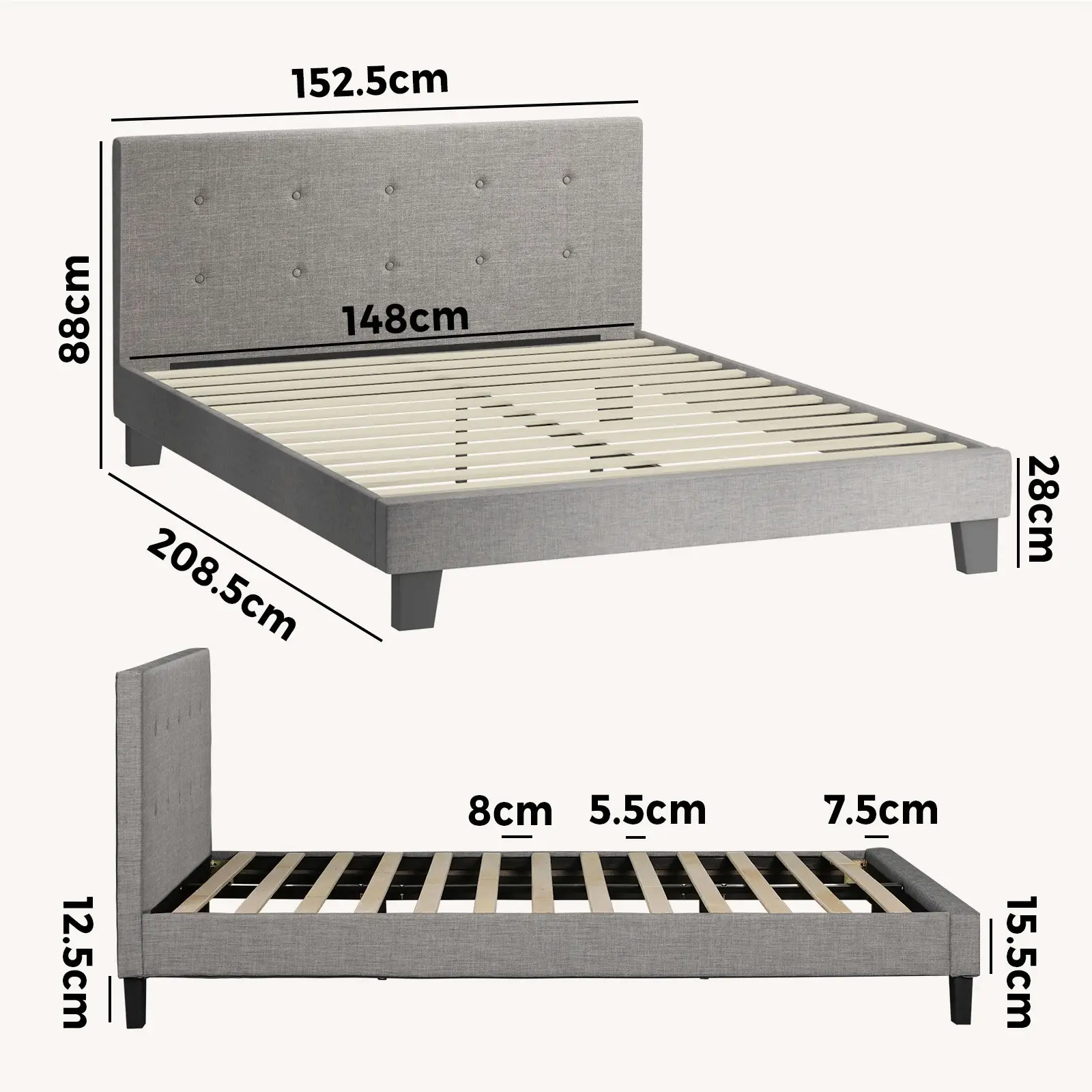 Oikiture Bed Frame Queen Size Bed Platform Wooden Fabric Grey