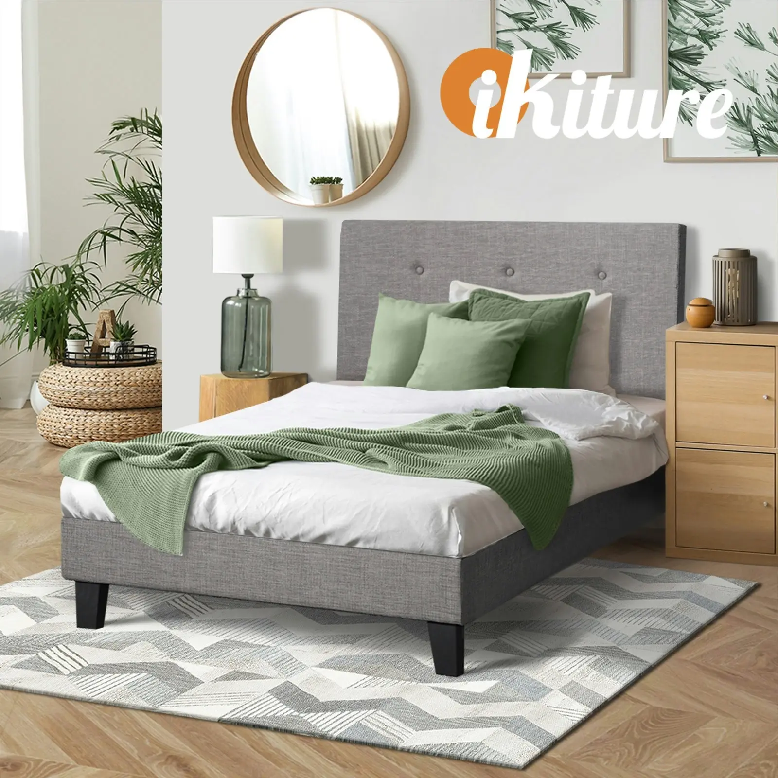 Oikiture Bed Frame Single Size Bed Platform Wooden Fabric Grey