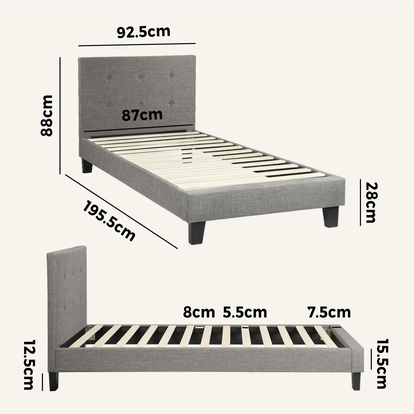 Oikiture Bed Frame Single Size Bed Platform Wooden Fabric Grey