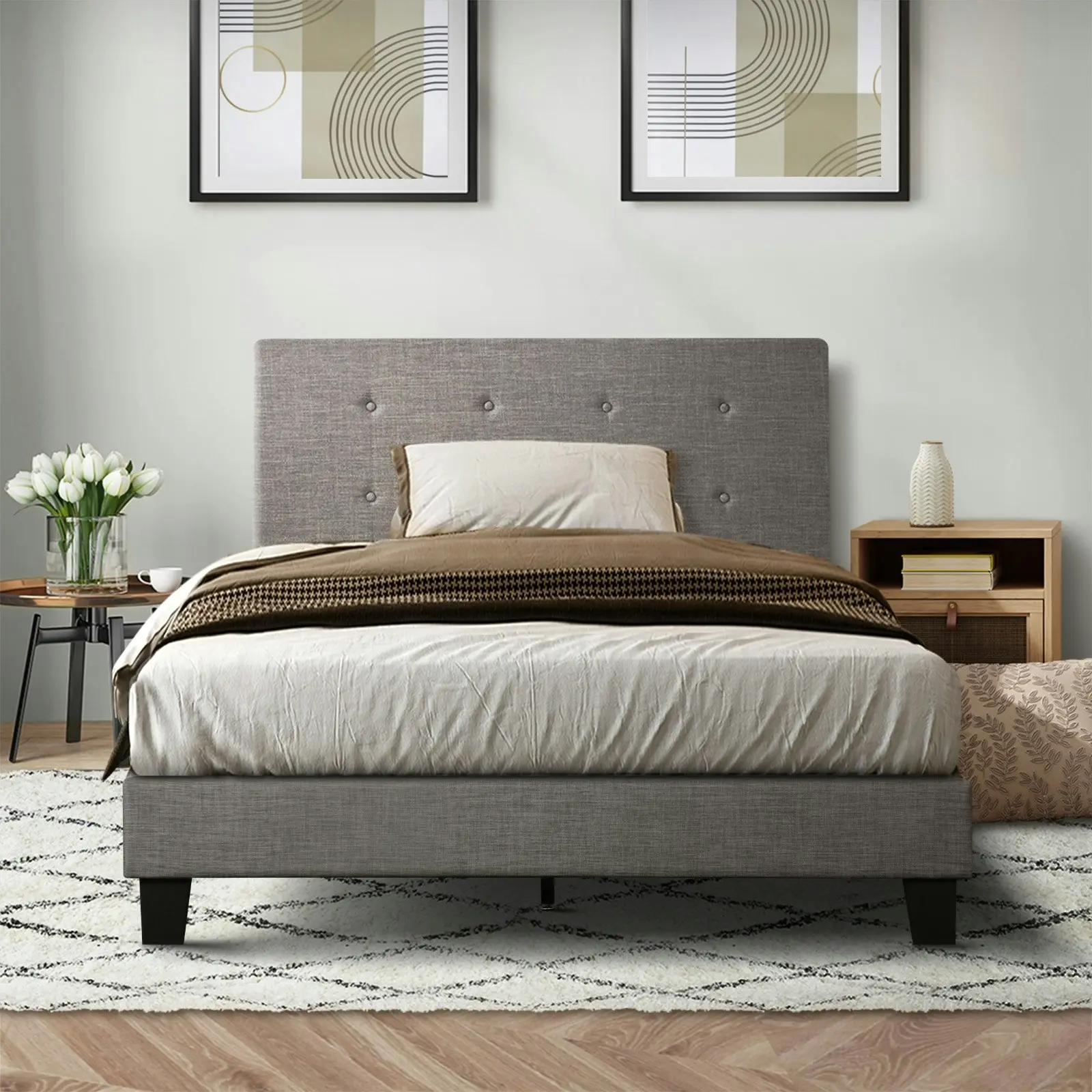 Oikiture Bed Frame Single Size Bed Platform Wooden Fabric Grey