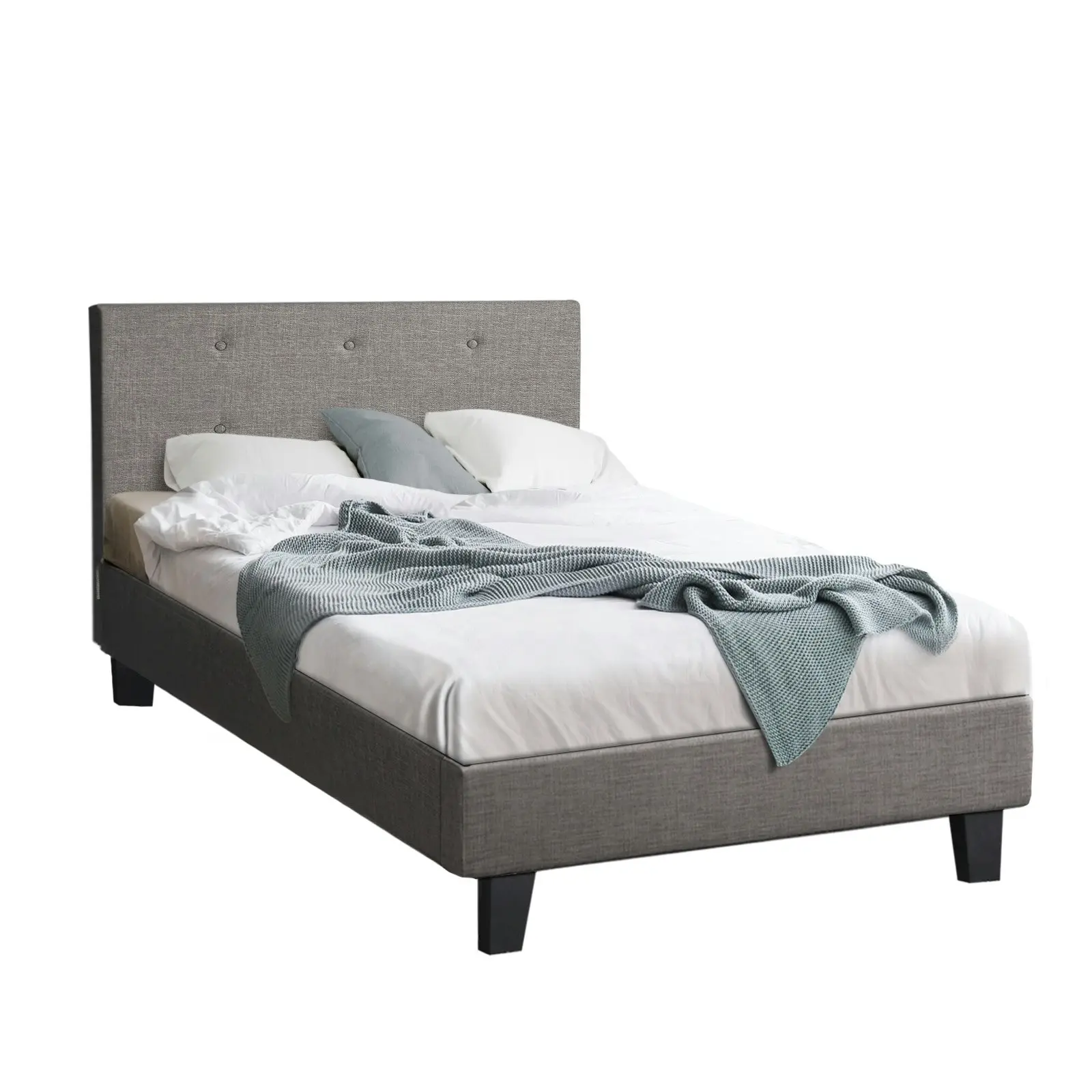 Oikiture Bed Frame Single Size Bed Platform Wooden Fabric Grey