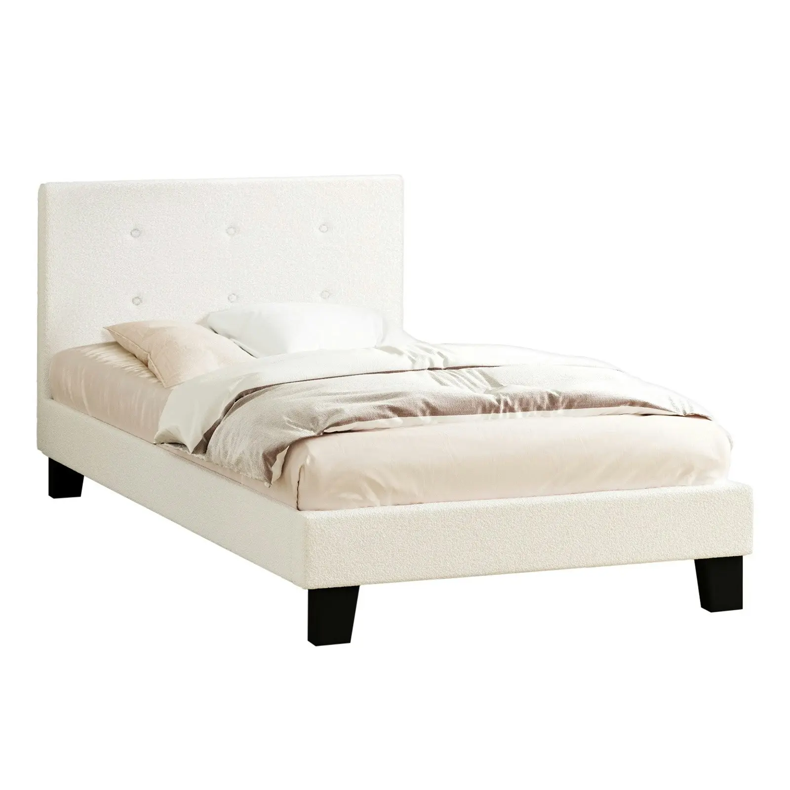 Oikiture Bed Frame Single Size Bed Platform Wooden White Boucle