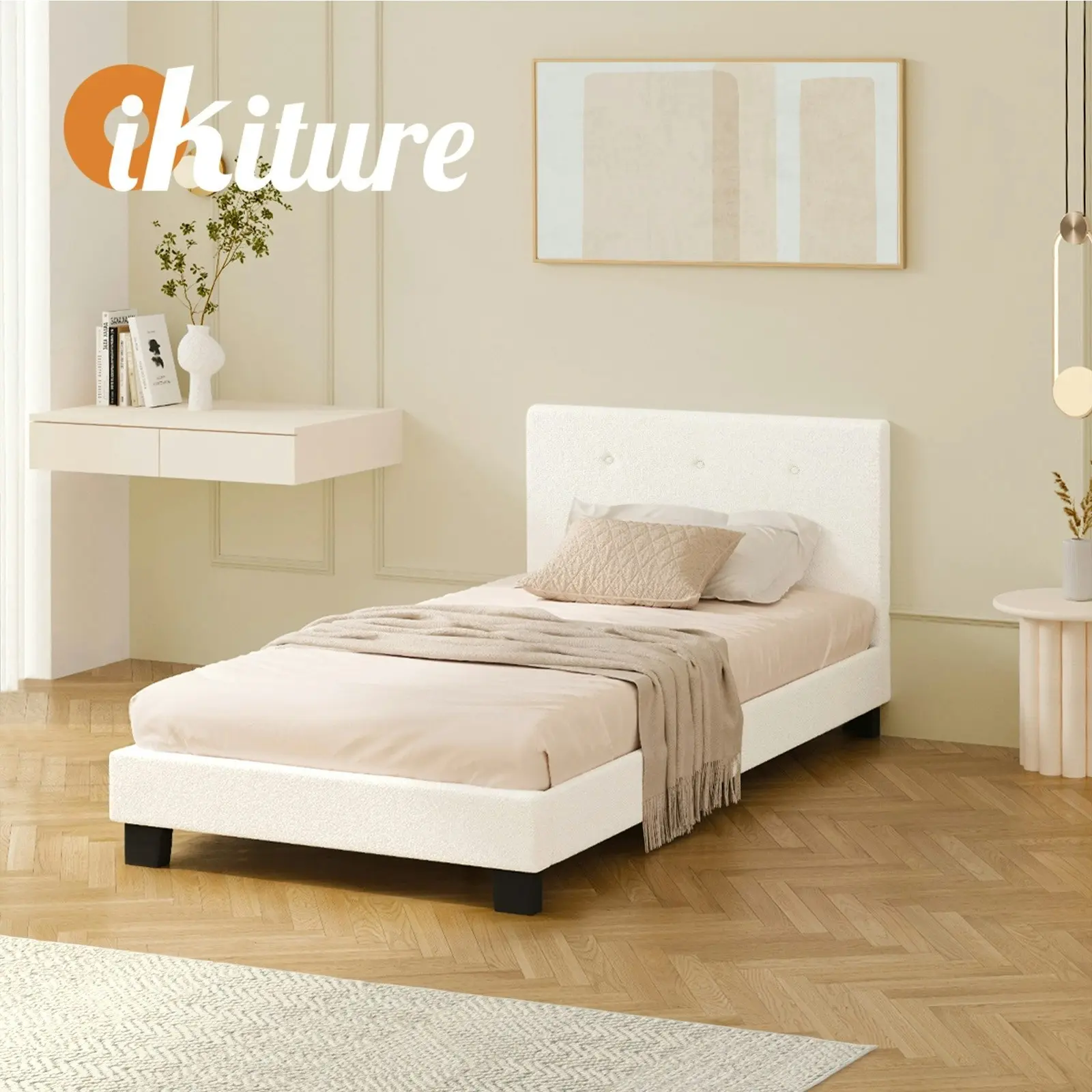 Oikiture Bed Frame Single Size Bed Platform Wooden White Boucle