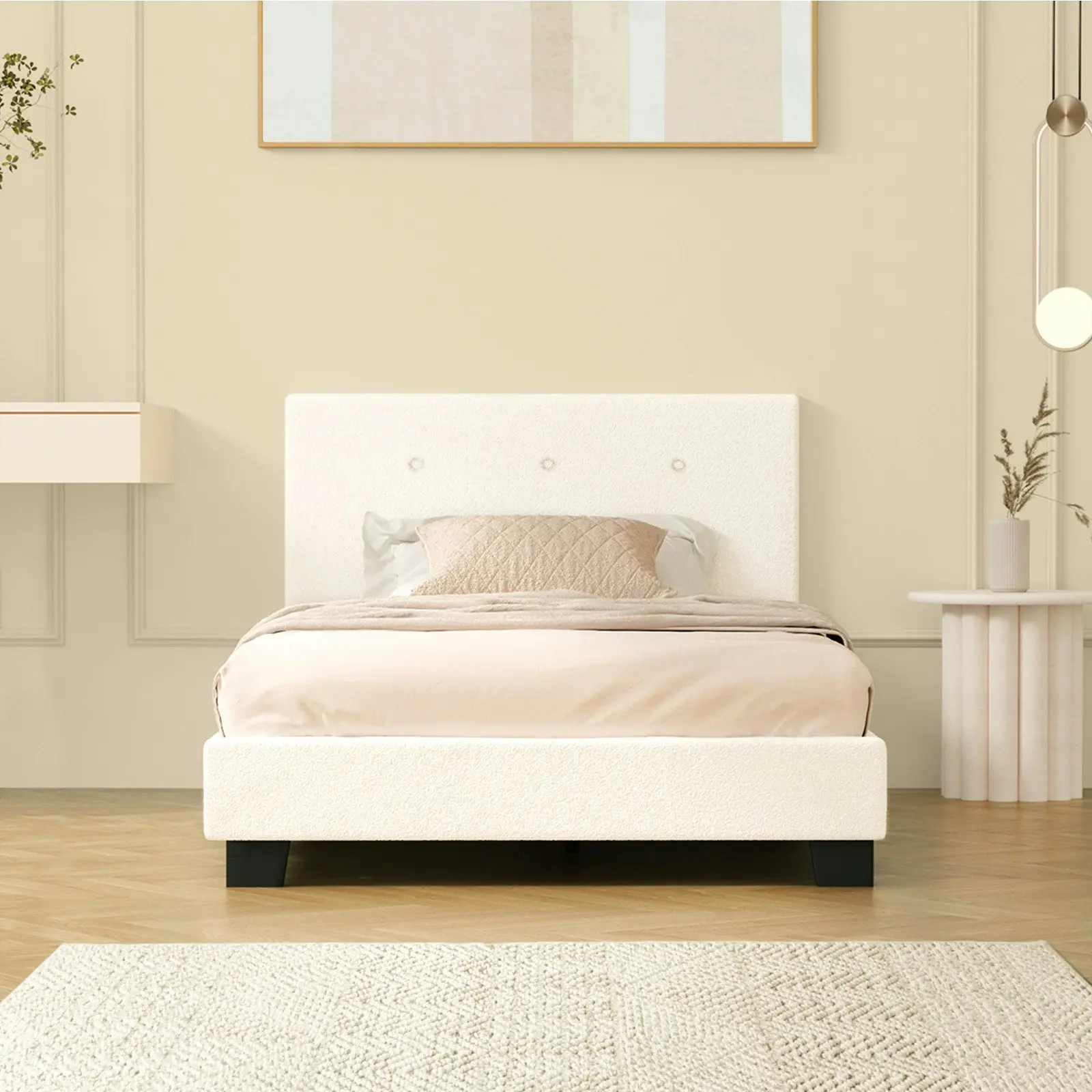 Oikiture Bed Frame Single Size Bed Platform Wooden White Boucle