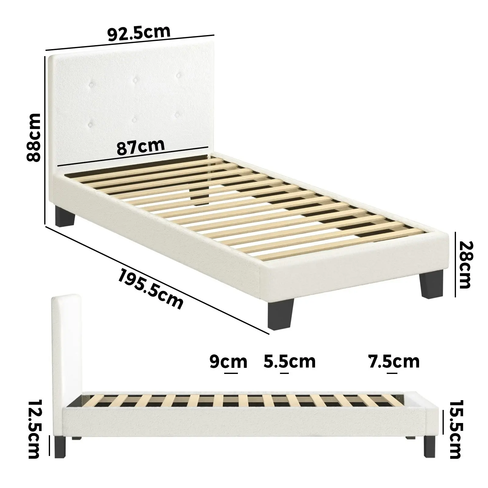 Oikiture Bed Frame Single Size Bed Platform Wooden White Boucle