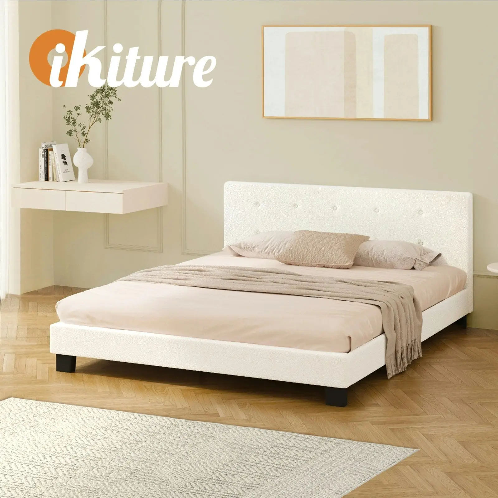 Oikiture Bed Frame Double Size Bed Platform Wooden White Boucle