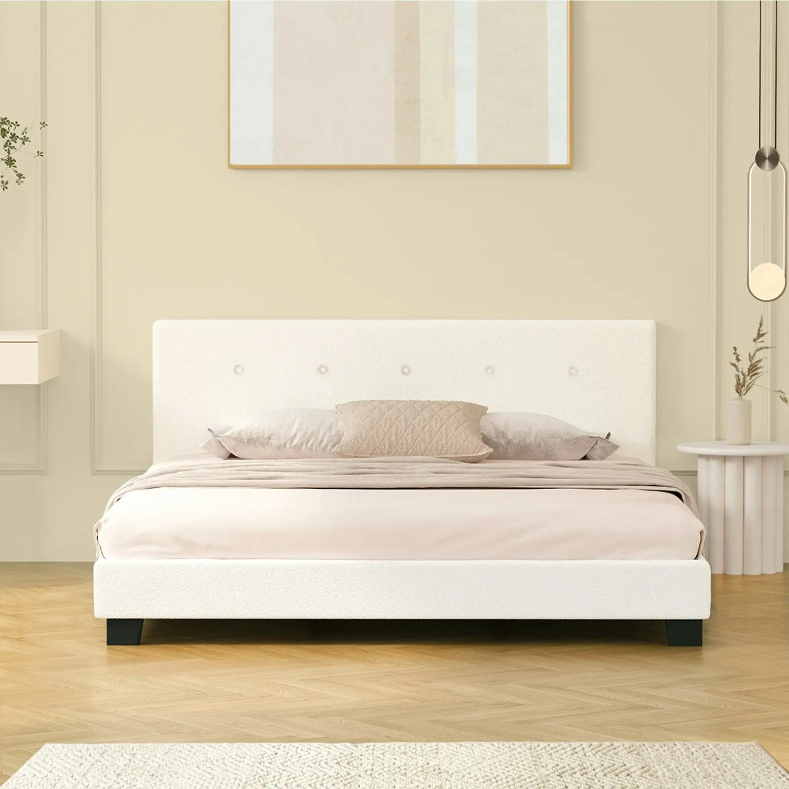 Oikiture Bed Frame Double Size Bed Platform Wooden White Boucle