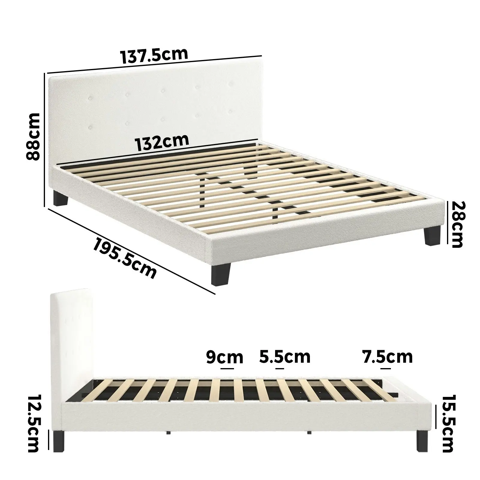 Oikiture Bed Frame Double Size Bed Platform Wooden White Boucle