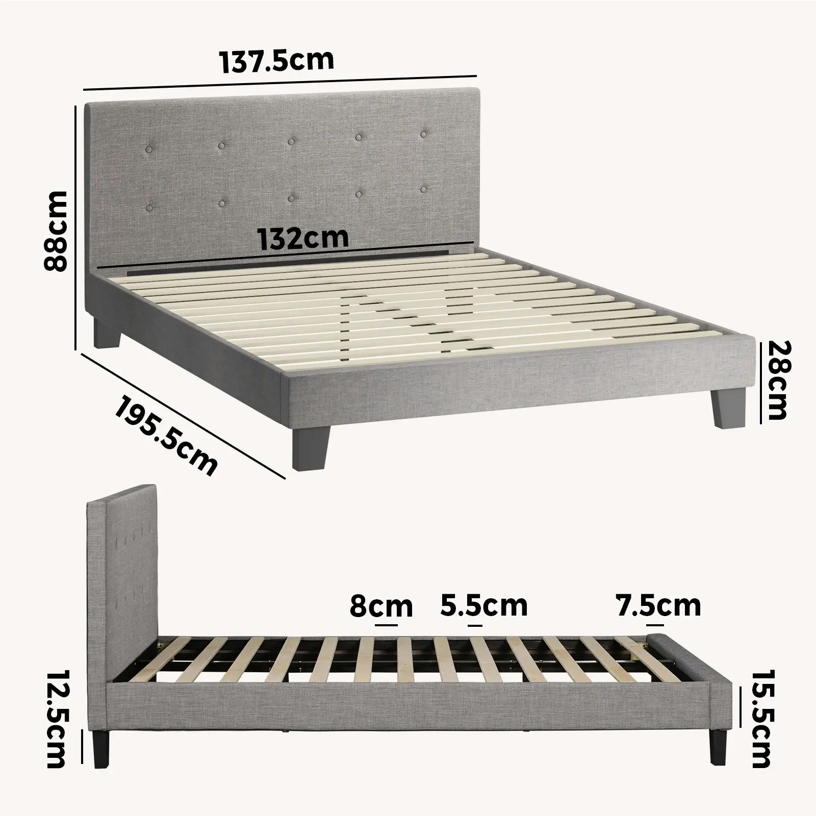 Oikiture Bed Frame Double Size Bed Platform Wooden Fabric Grey