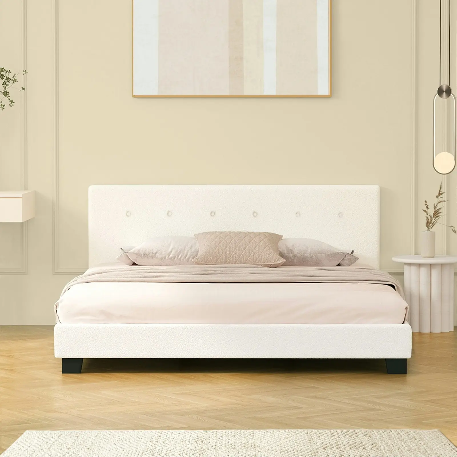 Oikiture Bed Frame King Size Bed Platform Wooden White Boucle