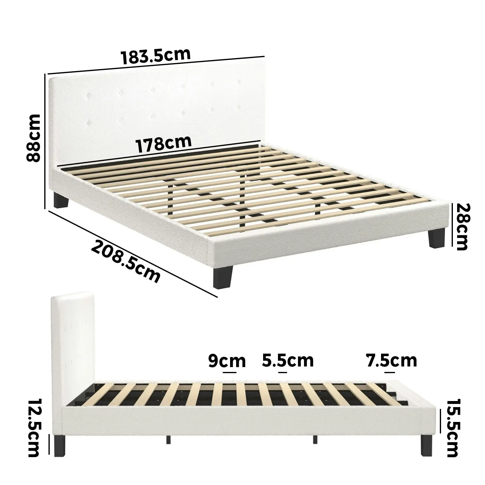 Oikiture Bed Frame King Size Bed Platform Wooden White Boucle