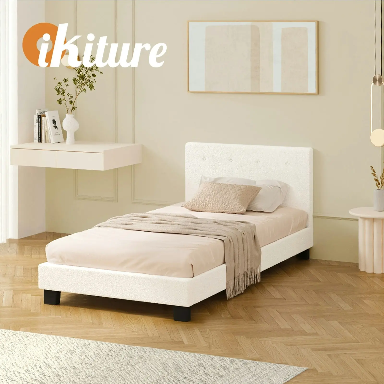 Oikiture Bed Frame King Single Bed Platform Wooden White Boucle