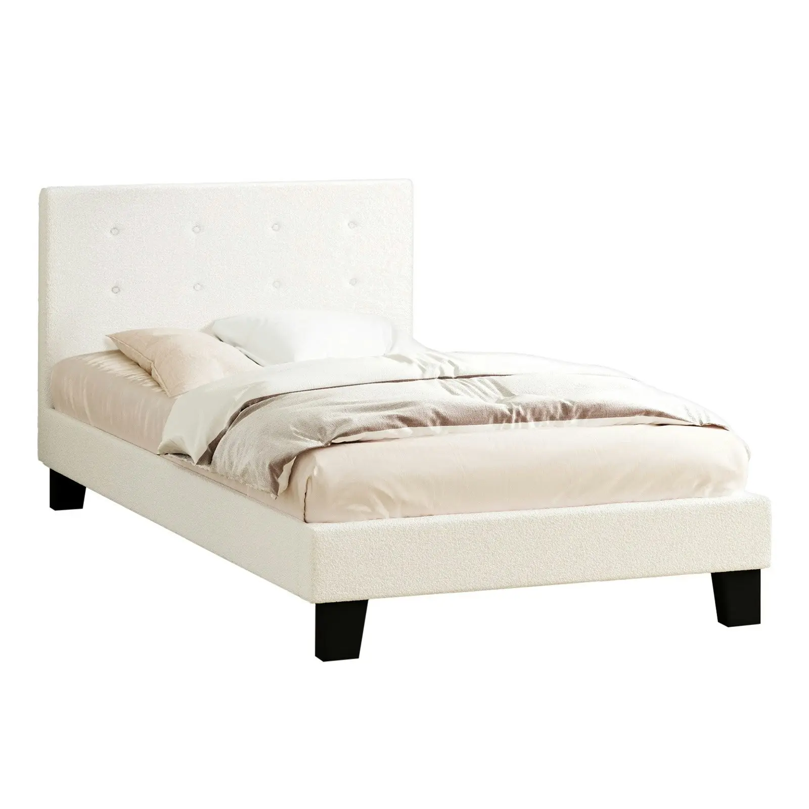 Oikiture Bed Frame King Single Bed Platform Wooden White Boucle