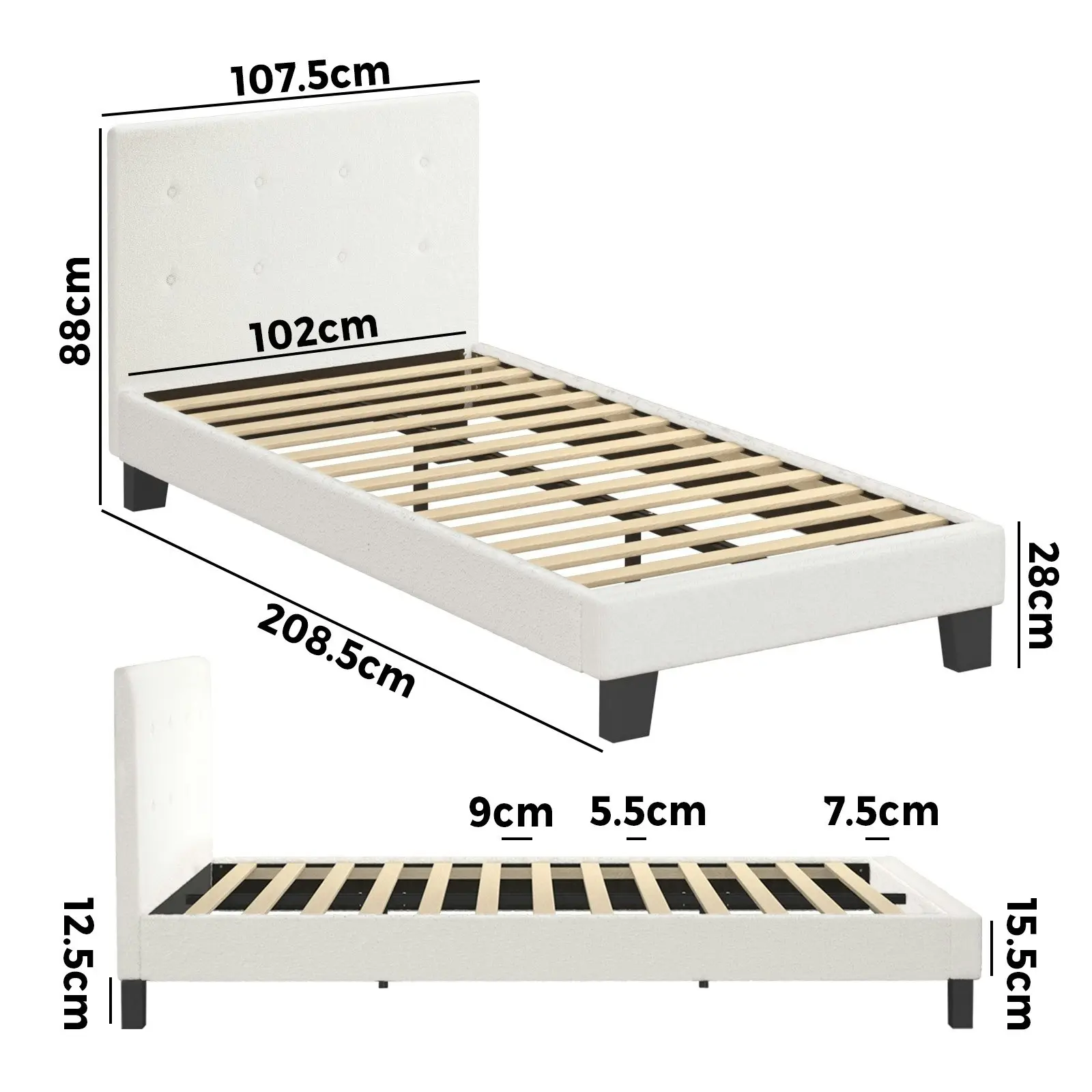 Oikiture Bed Frame King Single Bed Platform Wooden White Boucle