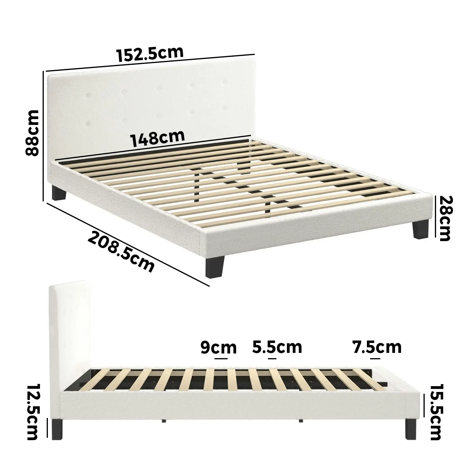 Oikiture Bed Frame Queen Size Bed Platform Wooden White Boucle