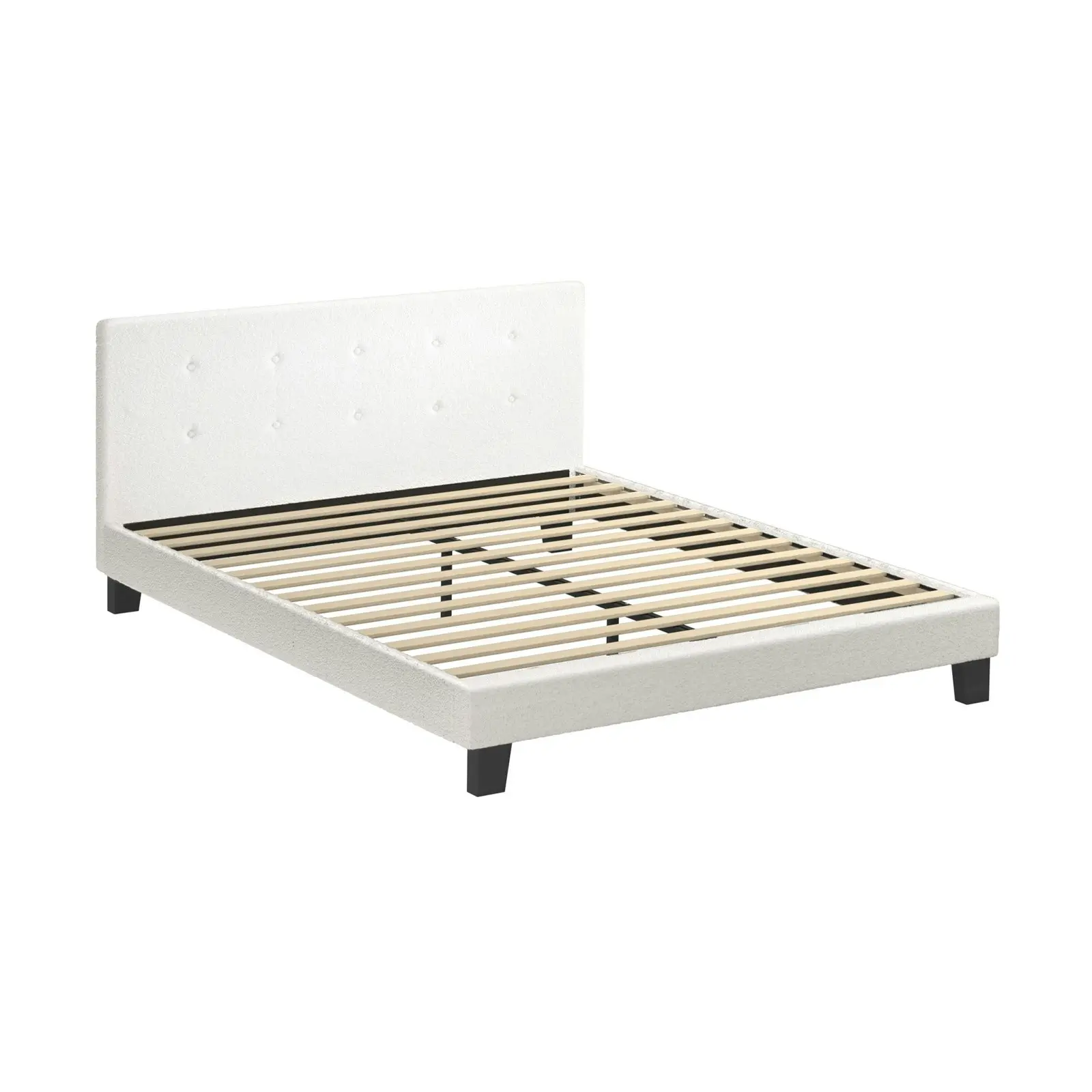 Oikiture Bed Frame Queen Size Bed Platform Wooden White Boucle