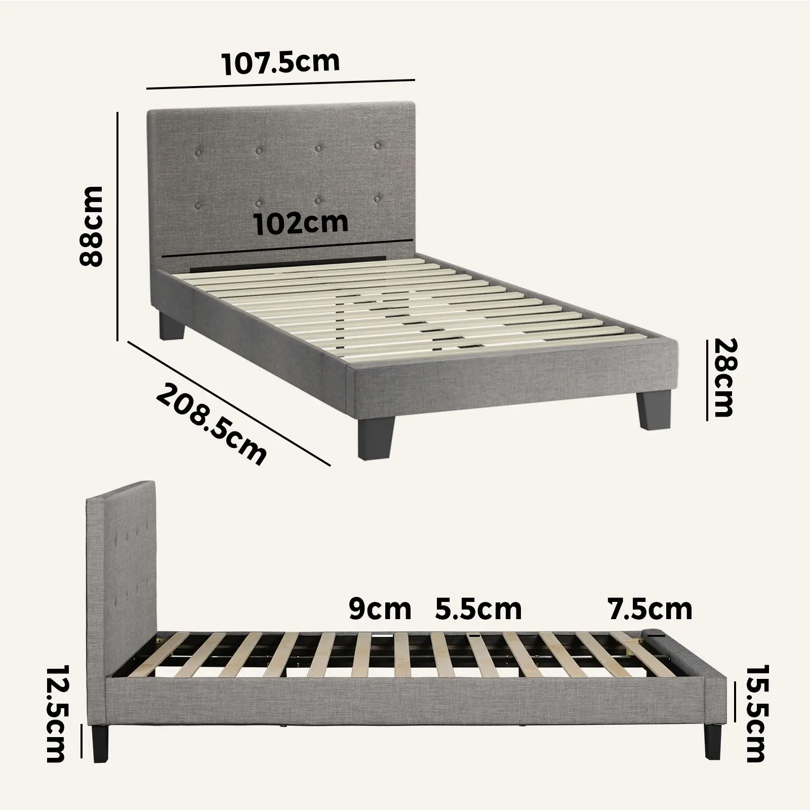 Oikiture Bed Frame King Single Bed Platform Wooden Fabric Grey