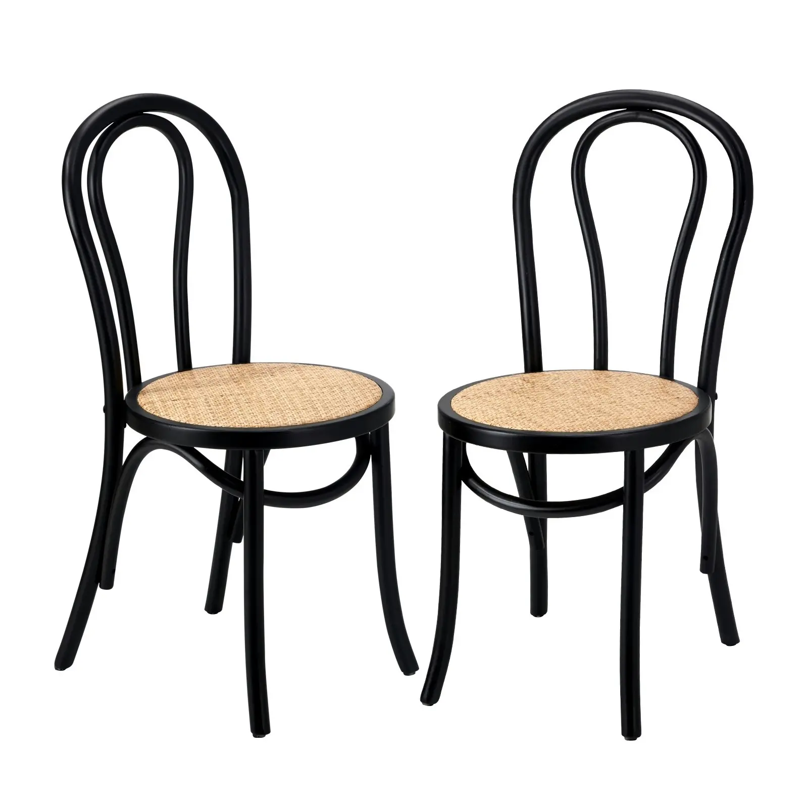 Oikiture 2PCS Dining Chair Solid Wooden Chairs Ratan Seat Black