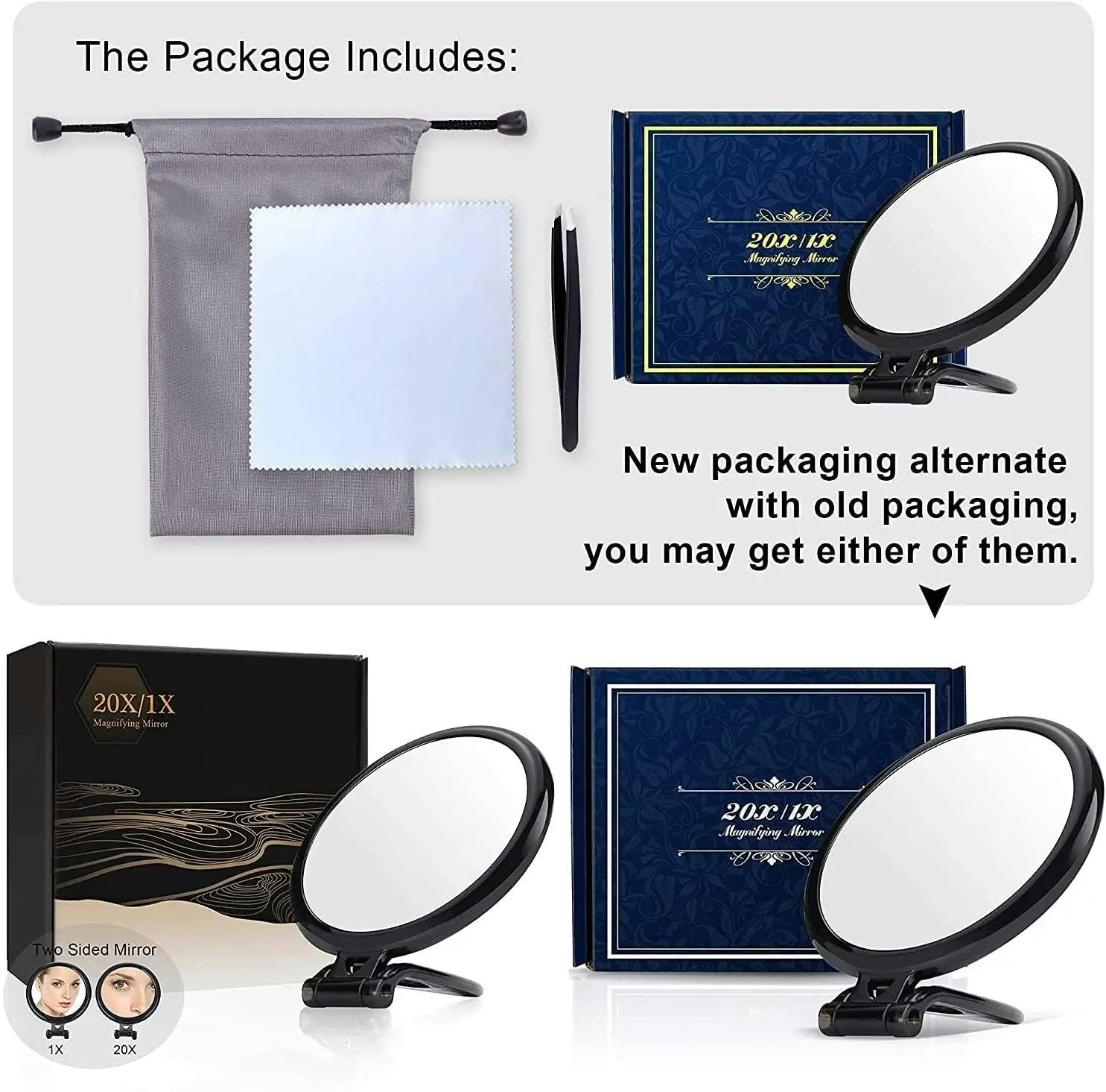 20X Magnifying Hand Mirror Two Sided Use for Makeup Application, Tweezing, and Blackhead/Blemish Removal (12,5 cm Black)