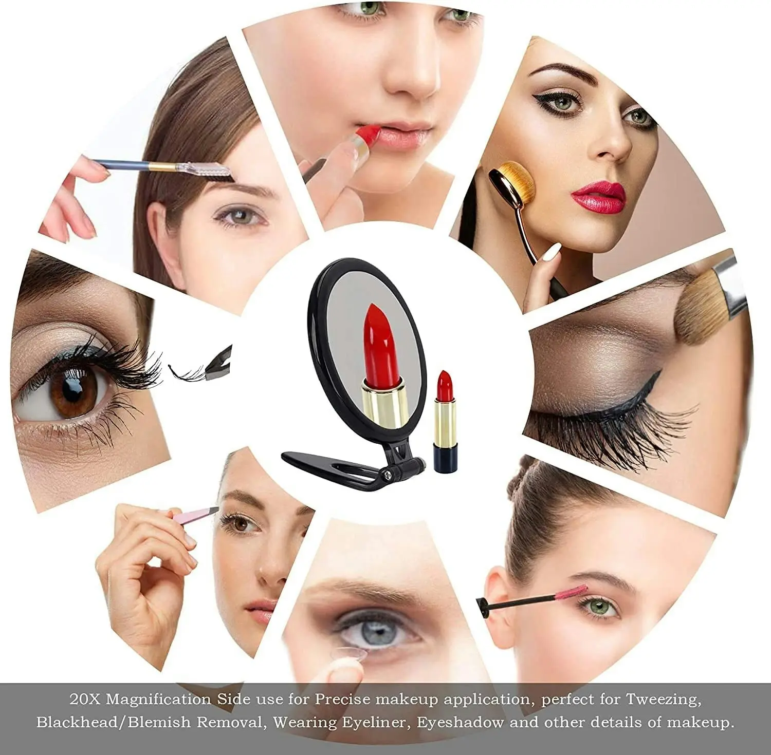 20X Magnifying Hand Mirror Two Sided Use for Makeup Application, Tweezing, and Blackhead/Blemish Removal (12,5 cm Black)