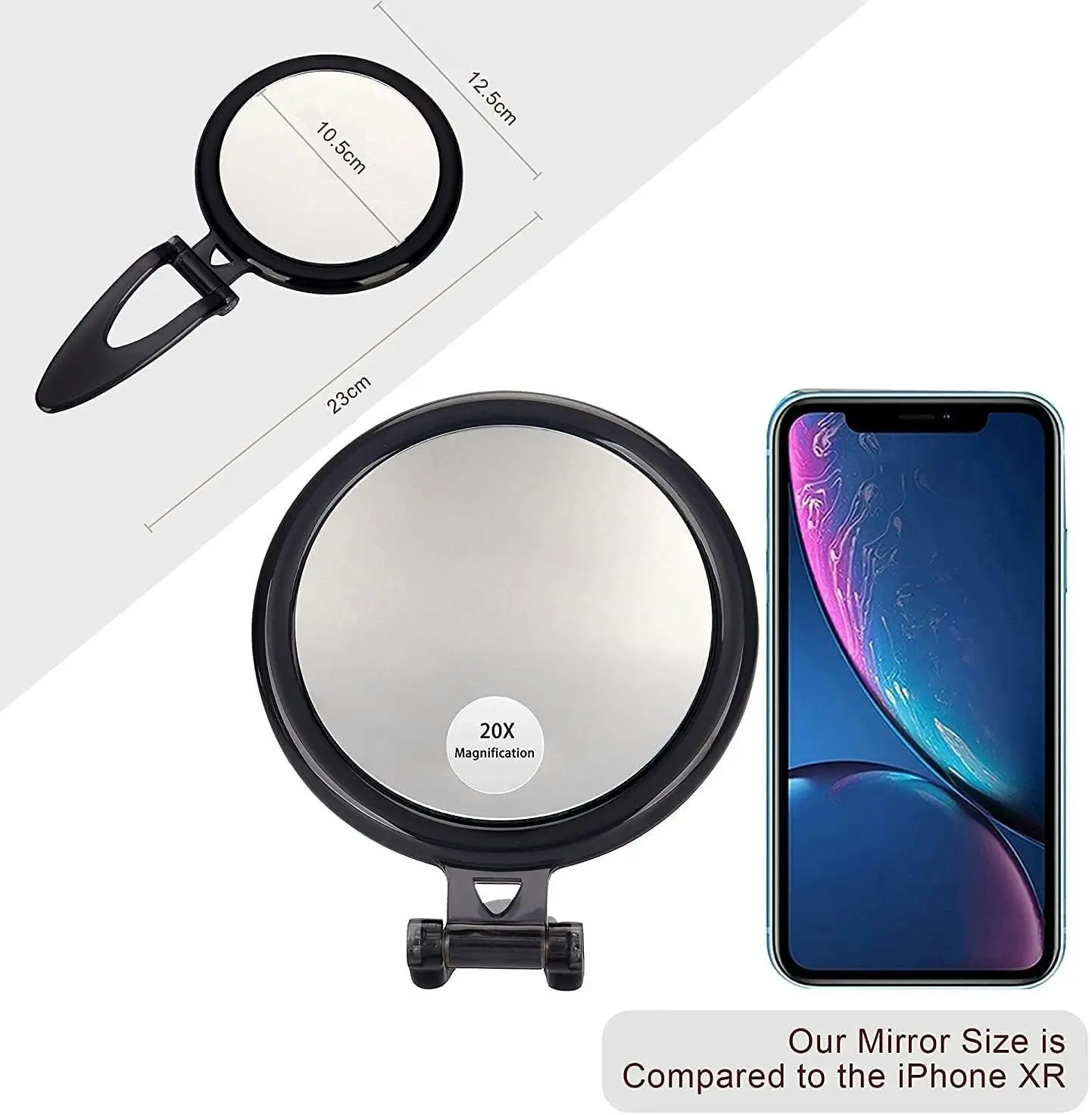 20X Magnifying Hand Mirror Two Sided Use for Makeup Application, Tweezing, and Blackhead/Blemish Removal (12,5 cm Black)