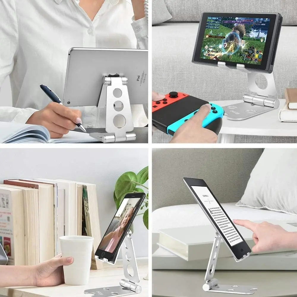 Adjustable Tablet Stand, Desktop Phone Holder Aluminum Portable Mounts Anti-Slip Base iPad iPhone Samsung LG Tablets Mobile Phones Silver