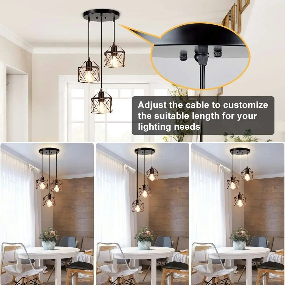 Vintage 3-Light Adjustable Hanging Pendant Light Fixture Cage Shade Industrial Kitchen Dining Room Hallway E27 Base Black