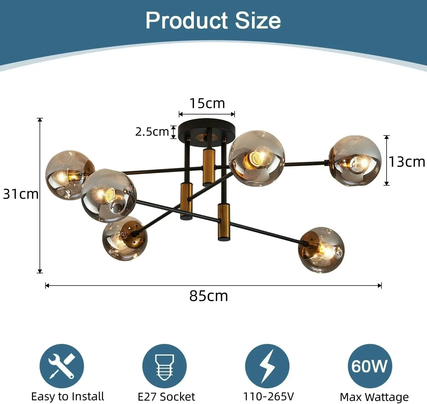 Modern Sputnik Chandelier 6-Light Glass Globe