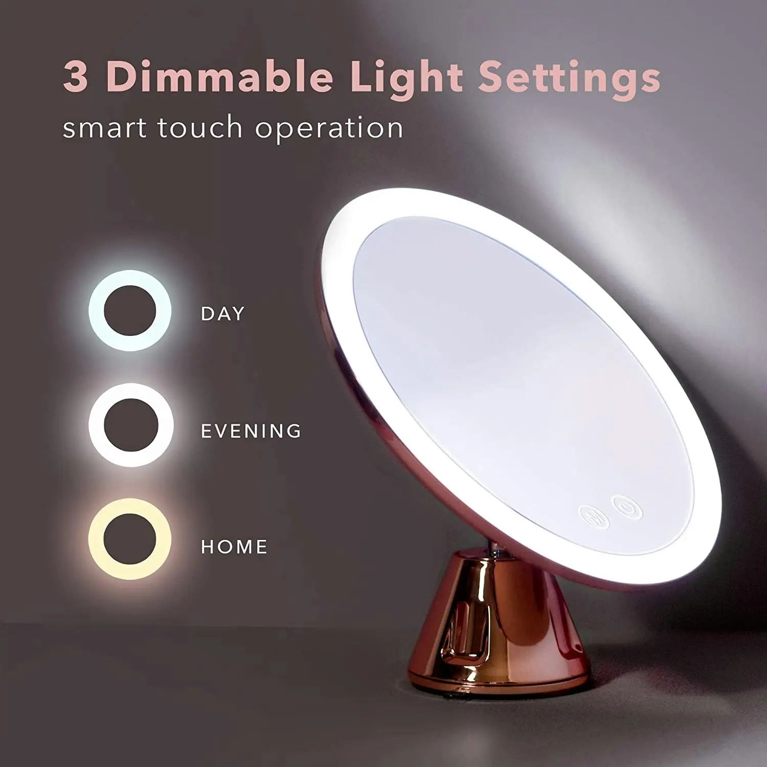 10X Magnifying Makeup Mirror LED Lighted Rechargeable, 3 Light Settings, Suction Mount, 20cm Wide Rose Gold