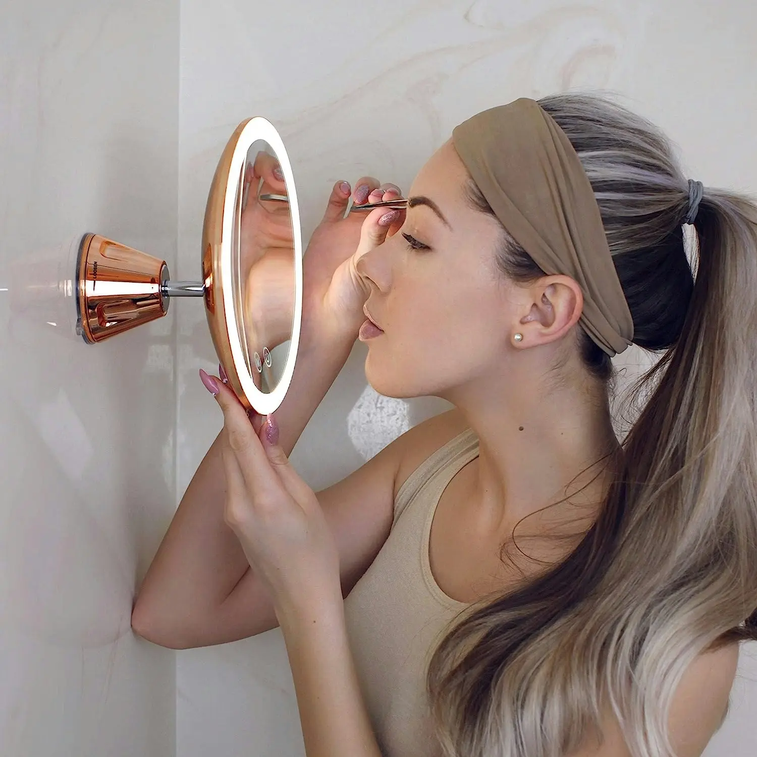 10X Magnifying Makeup Mirror LED Lighted Rechargeable, 3 Light Settings, Suction Mount, 20cm Wide Rose Gold