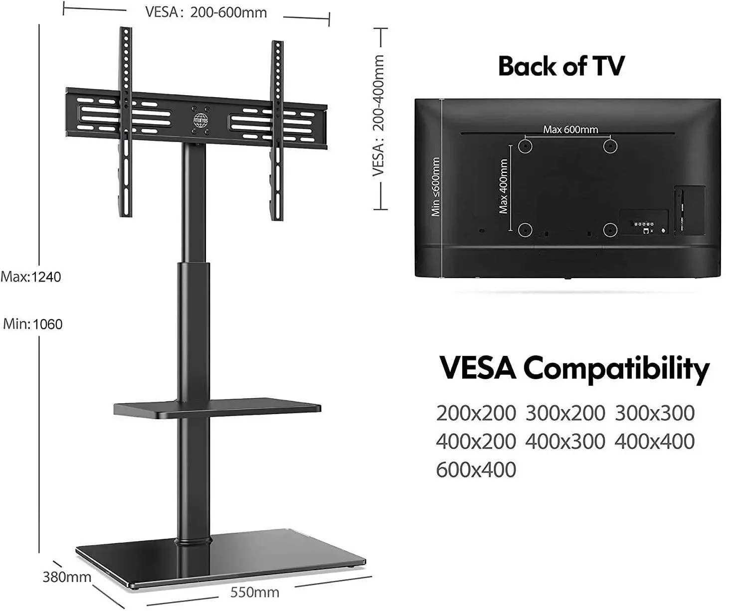 TV Stand with Mount for 32 to 60 inch (Black)