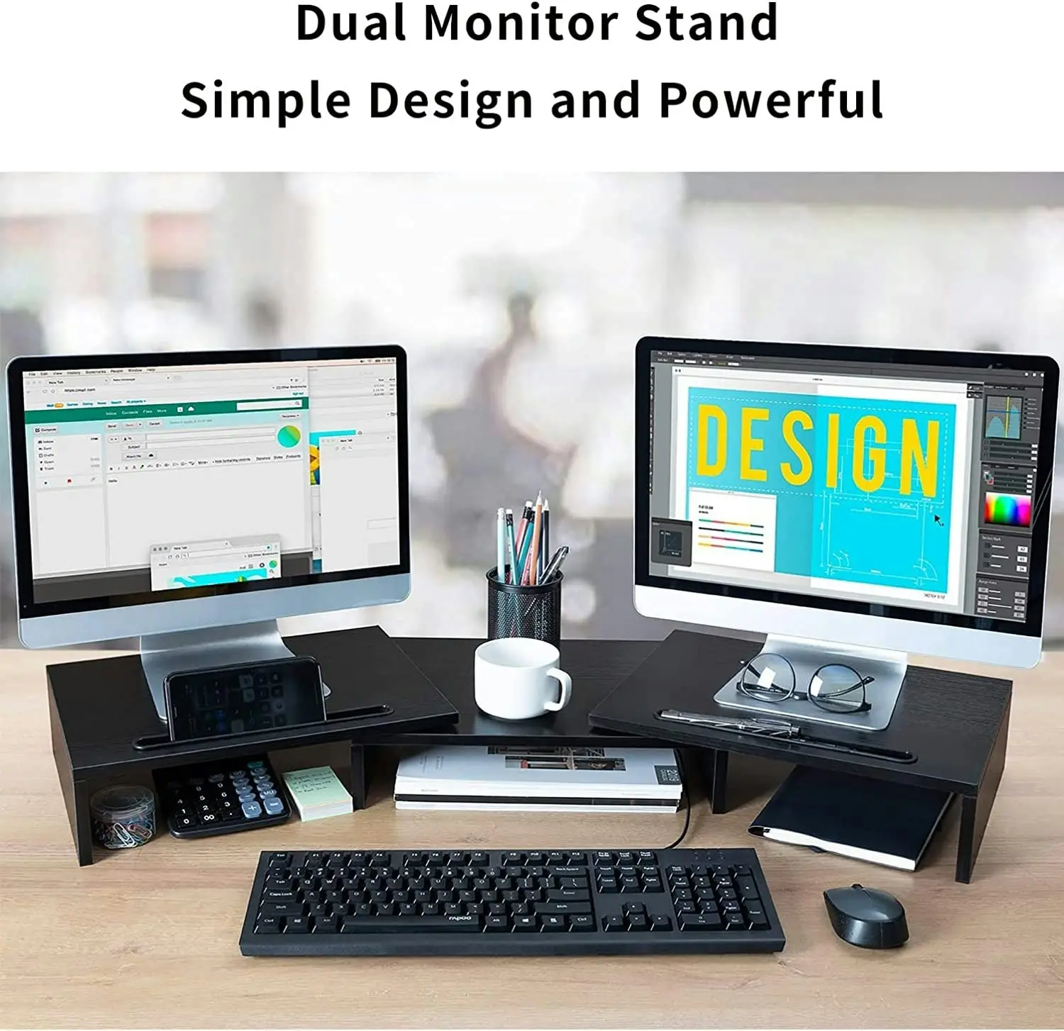 Dual Monitor Stand Riser 3 Shelf Adjustable Length Angle 2 Extra PC Laptop