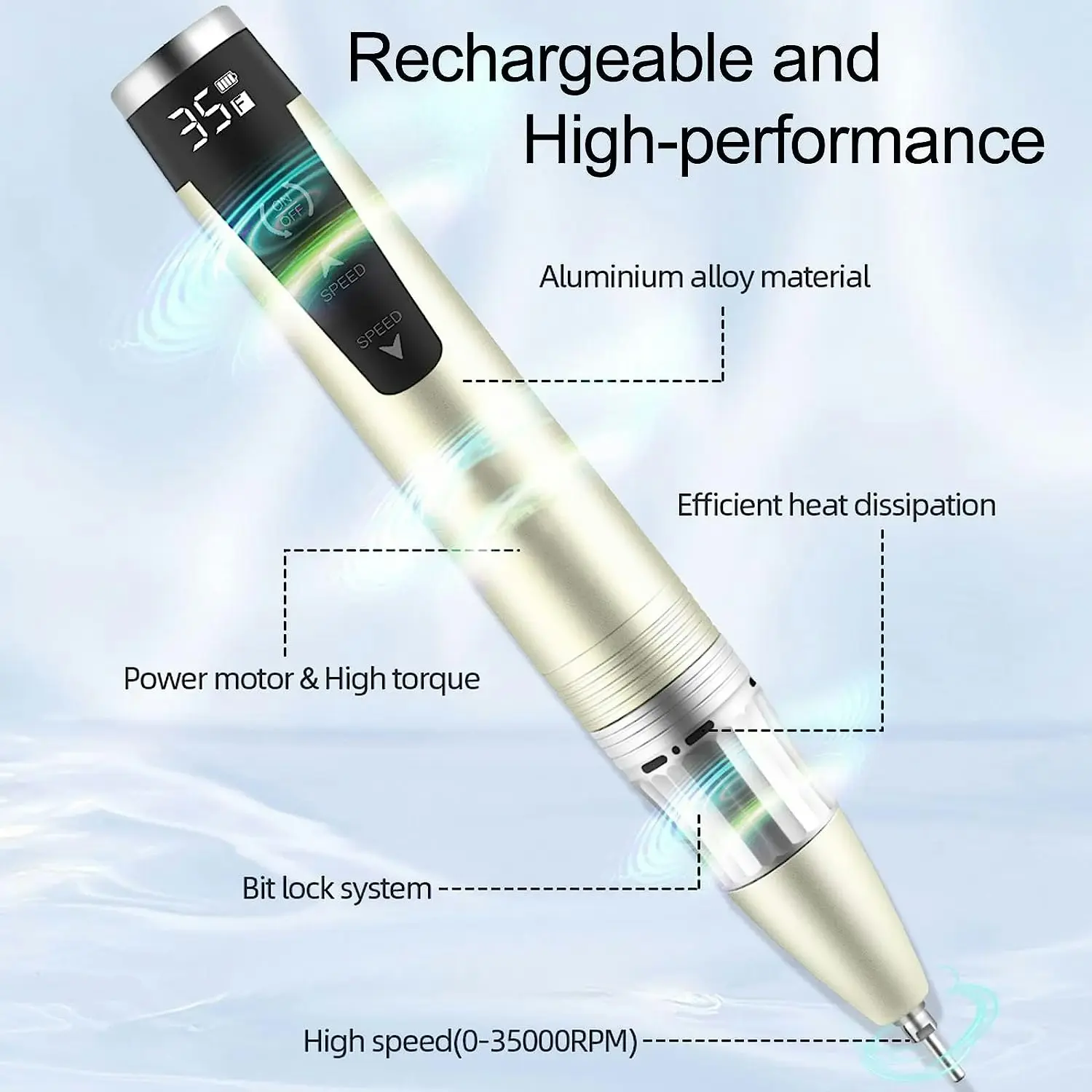 Rechargeable Nail Drill, 35000 RPM, Cordless Electric Nail File, Wireless Efile for Acrylic Gel Nails, Manicure Pedicure Polishing