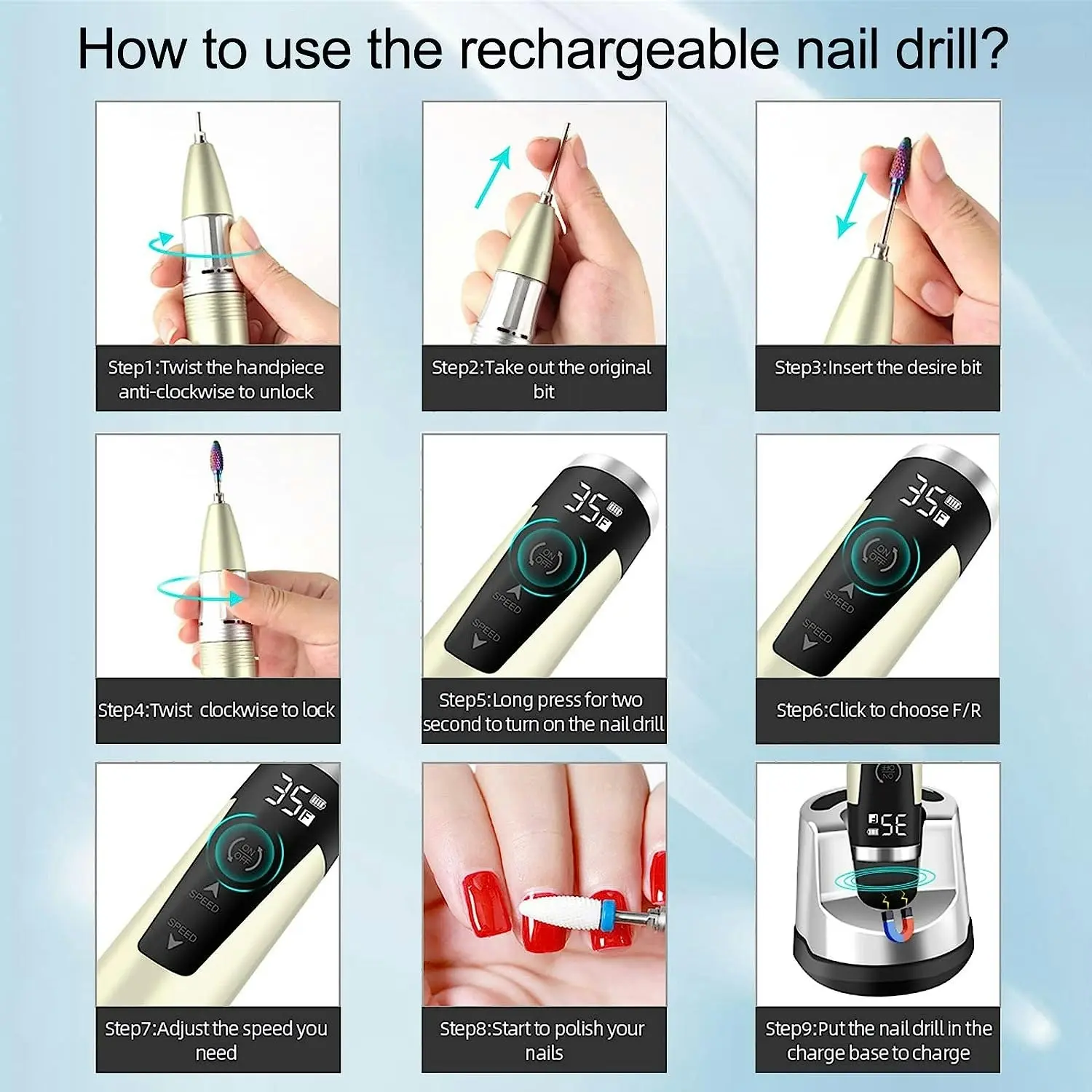 Rechargeable Nail Drill, 35000 RPM, Cordless Electric Nail File, Wireless Efile for Acrylic Gel Nails, Manicure Pedicure Polishing