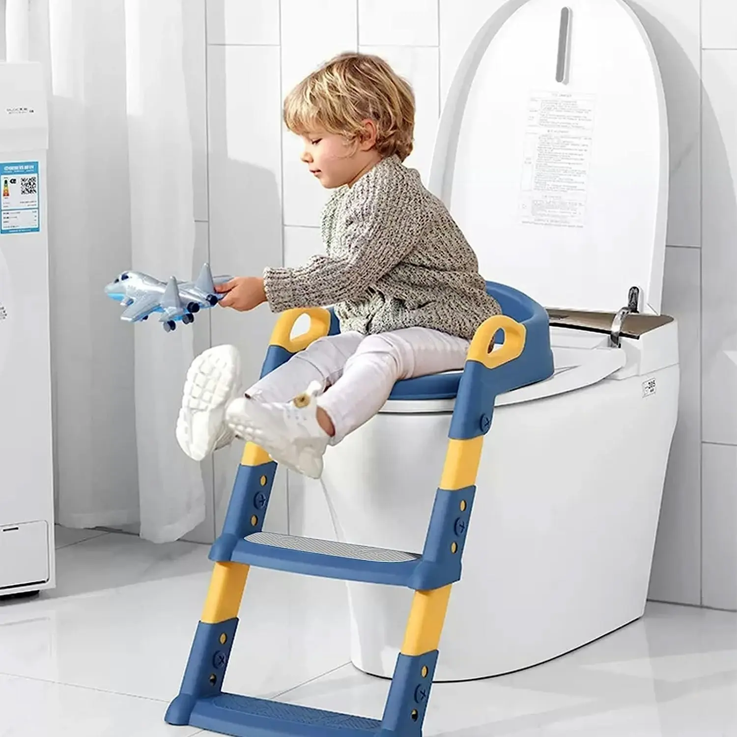 Potty Training Seat Step Stool Ladder for Kids Boys Girls, Comfy Safe Anti-Slip Pads Folding Ladder Blue