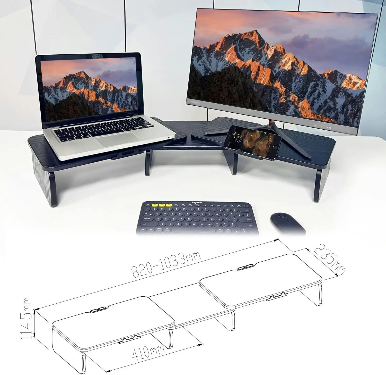 Dual Monitor Stand Riser Computer Desktop Stand Organizer withPhone/iPad Holder Wooden Desk Shelf for PC/Laptop/Printer