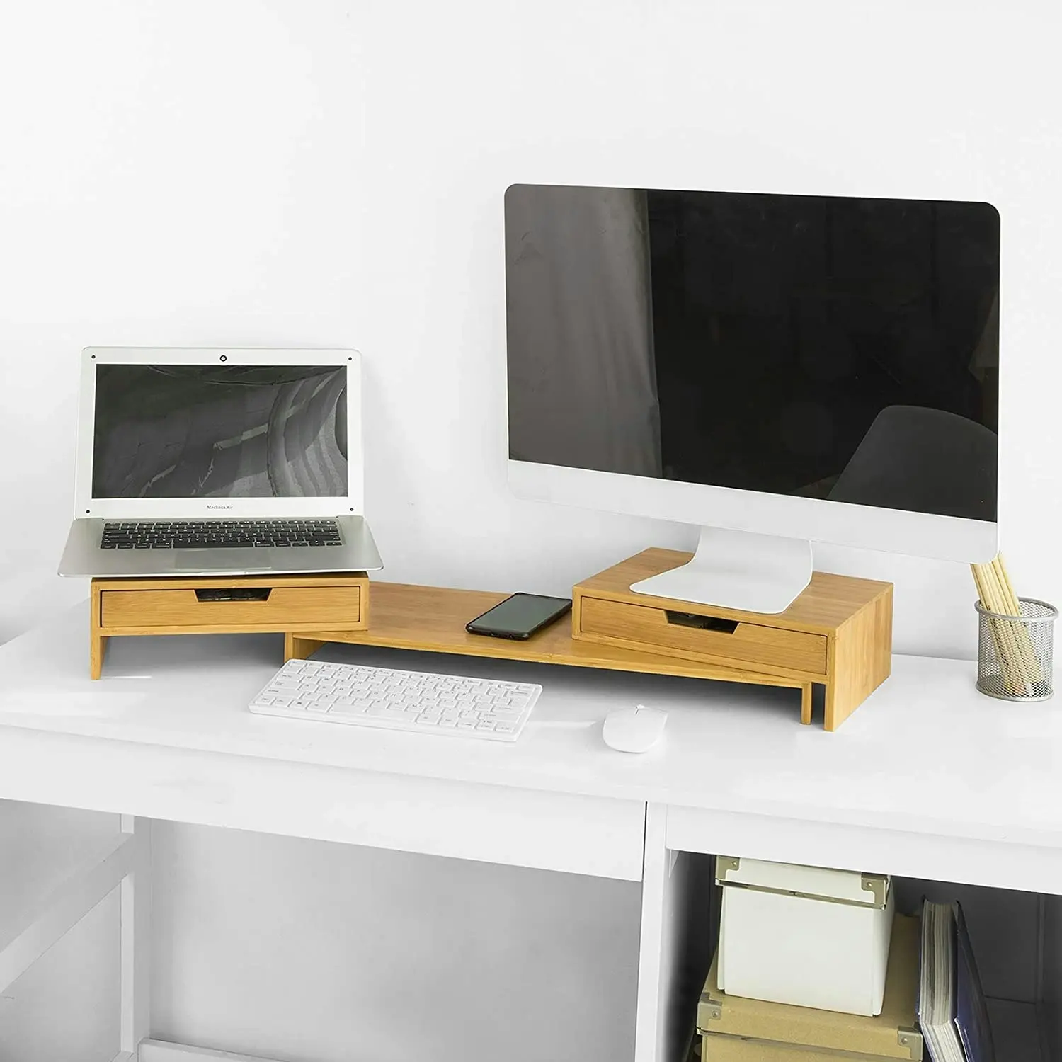 Bamboo 2-Drawer Monitor Stand - Desk Organizer for 2 Screens