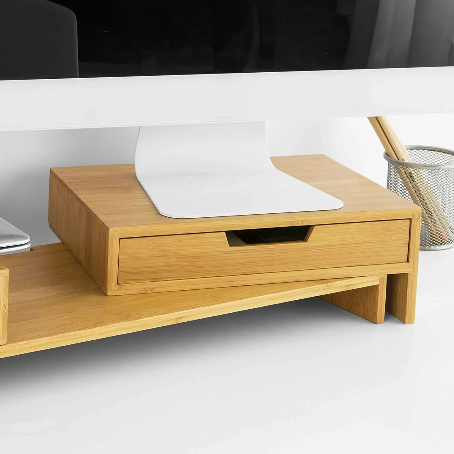 Bamboo 2-Drawer Monitor Stand - Desk Organizer for 2 Screens