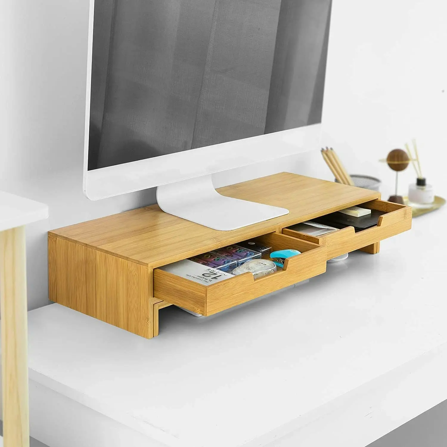 Bamboo 2-Drawer Monitor Stand - Desk Organizer for 2 Screens