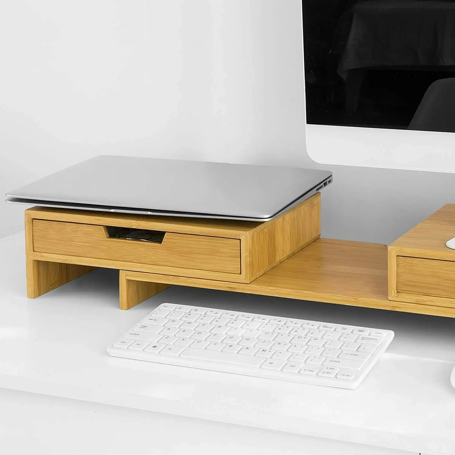 Bamboo 2-Drawer Monitor Stand - Desk Organizer for 2 Screens