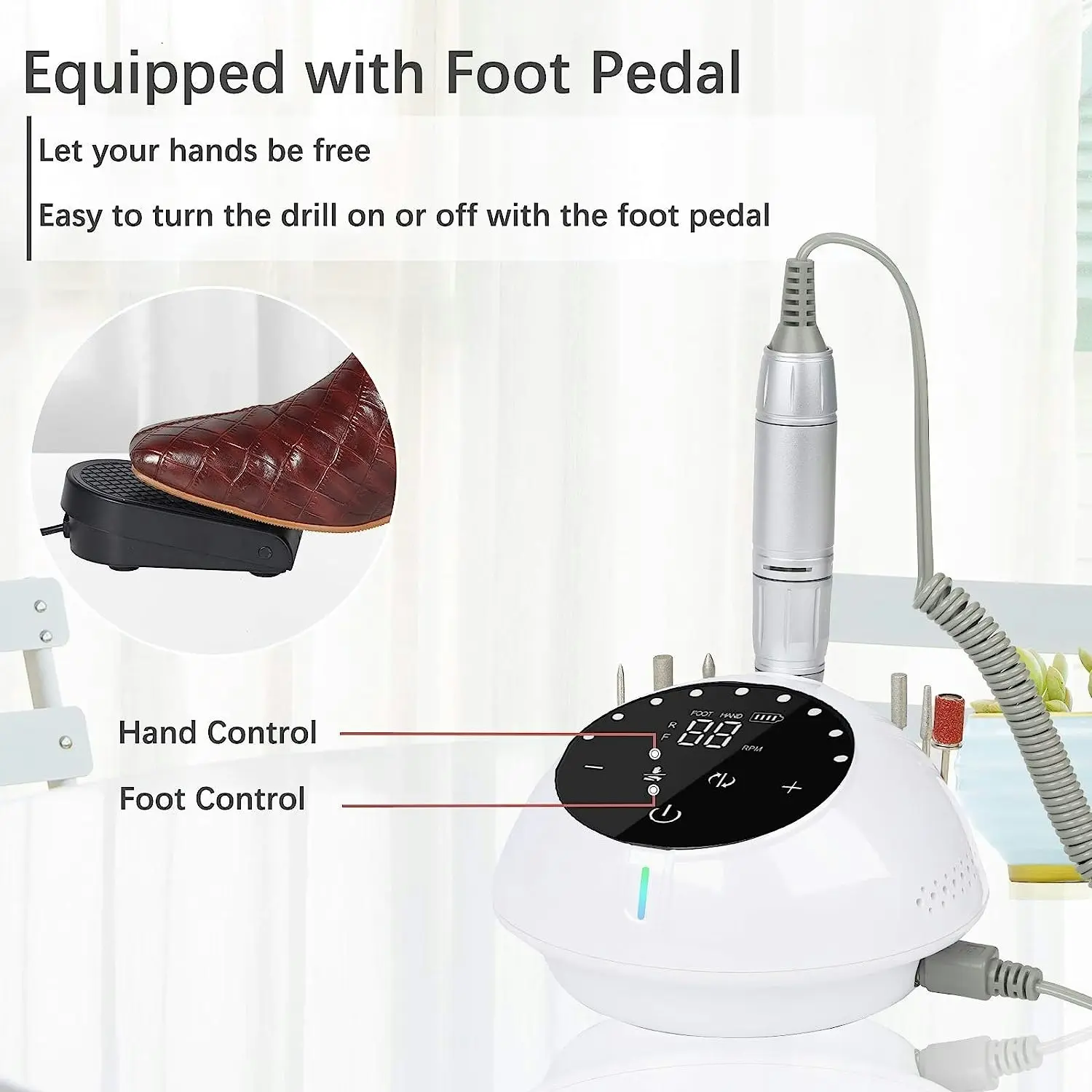 Professional Nail Drill Acrylic Nails 30000 RPM Electric File Foot Pedal LCD Touch Screen Compact Efile Home Salon Use 220V-240V White