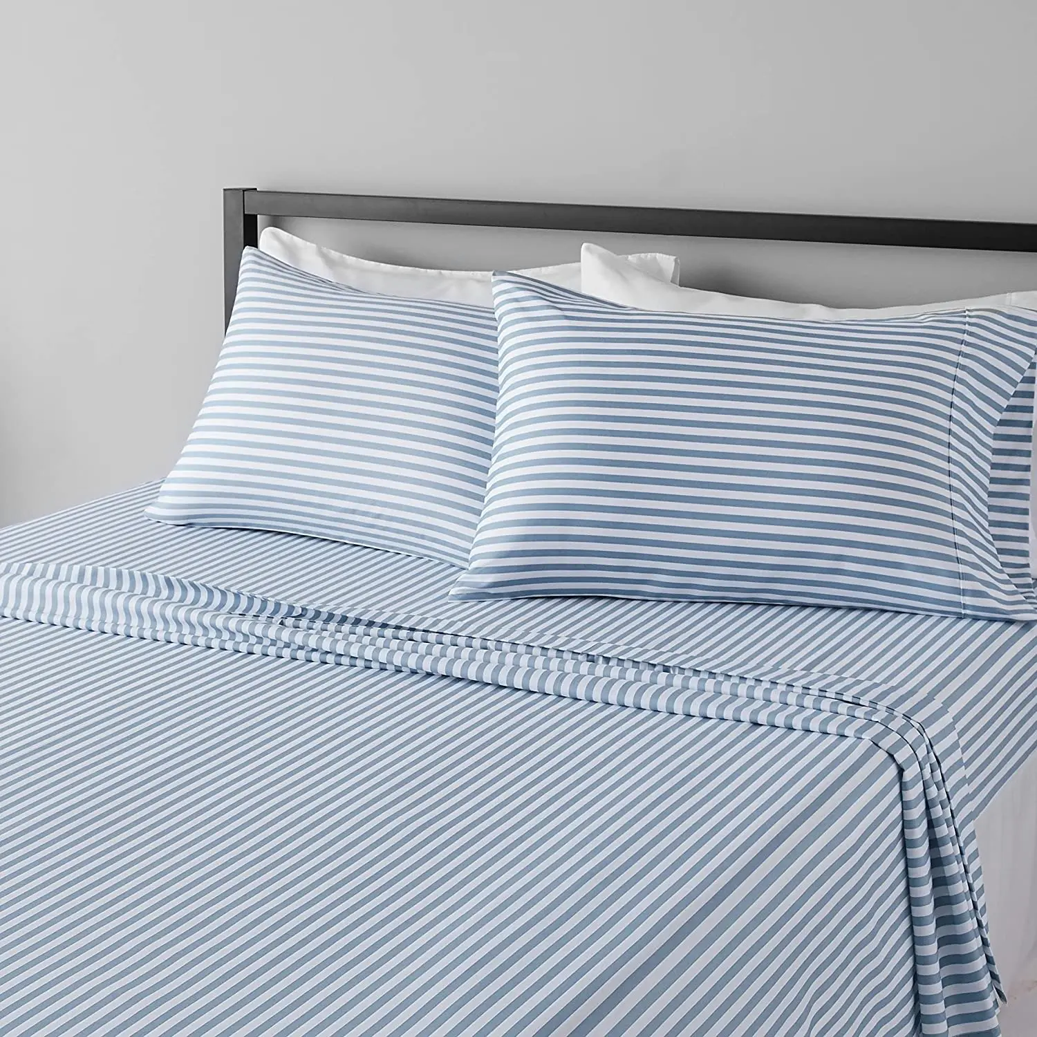 King Size Microfiber Bed Sheet Set, 36 cm Deep Pockets, Lightweight, Super Soft, Easy Care, Dusty Blue Pinstripe